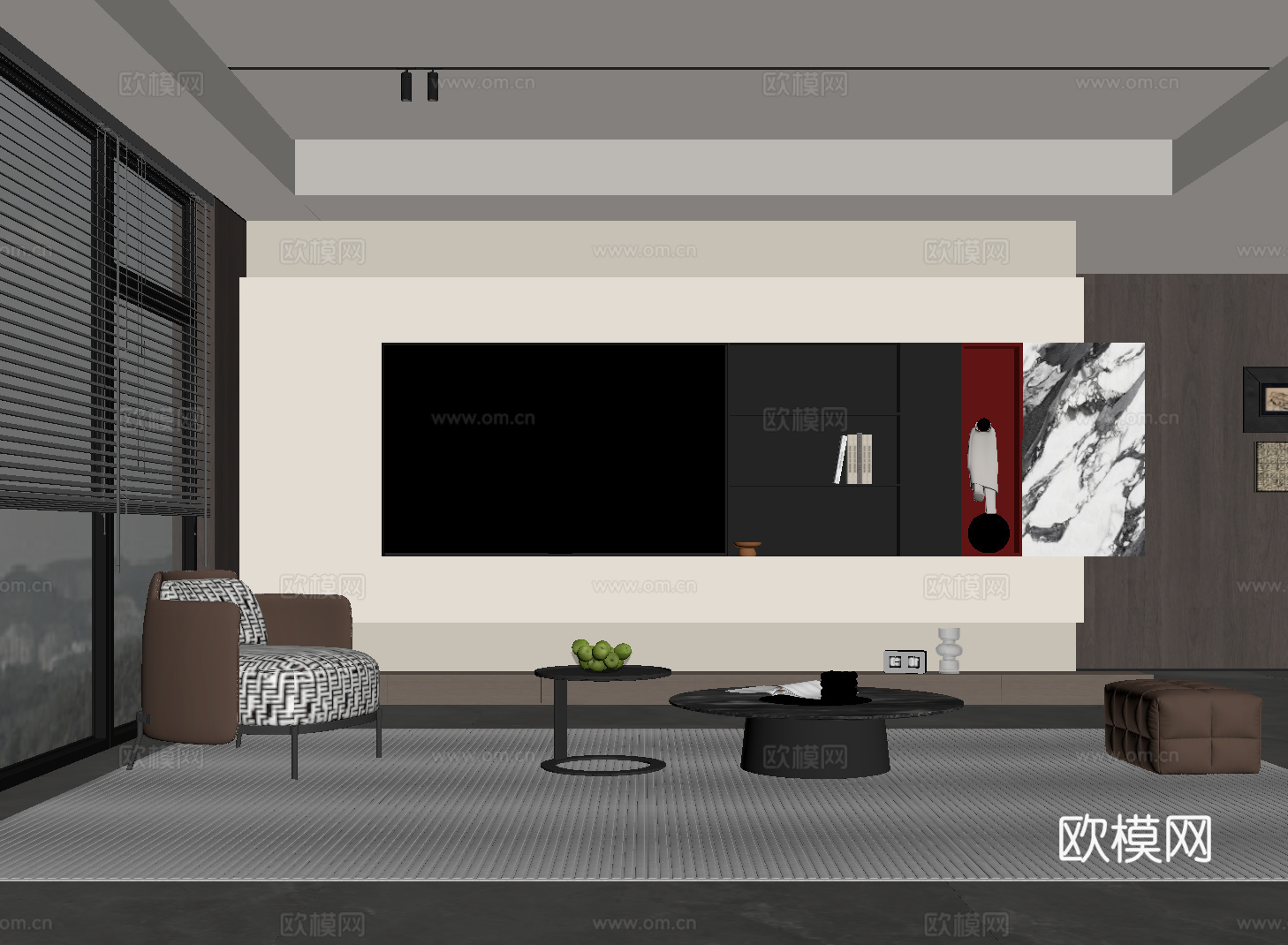 现代意式客厅 电视背景墙 沙发茶几组合su模型