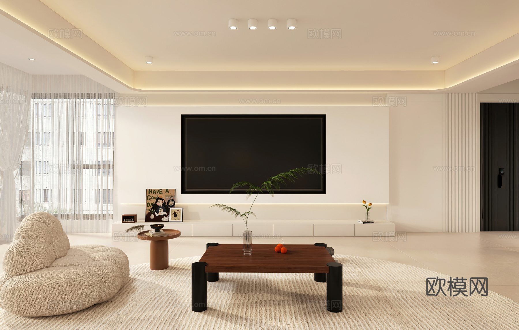 奶油风客餐厅 开放厨房3d模型