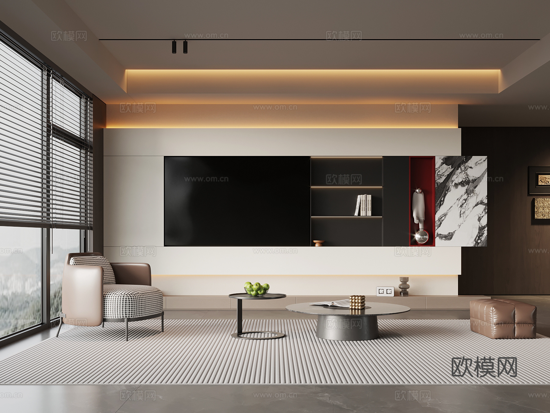 现代意式客厅 电视背景墙 沙发茶几组合su模型