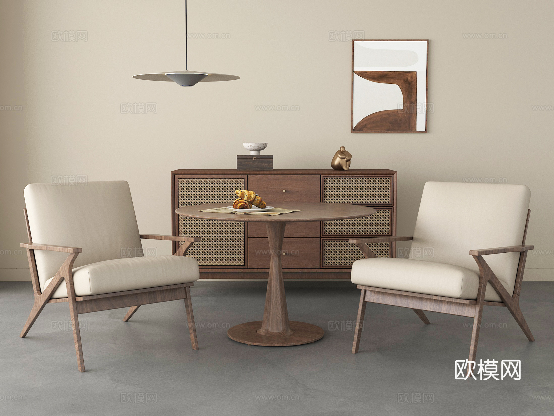 侘寂风休闲桌椅组合 吊灯 边柜 挂画su模型