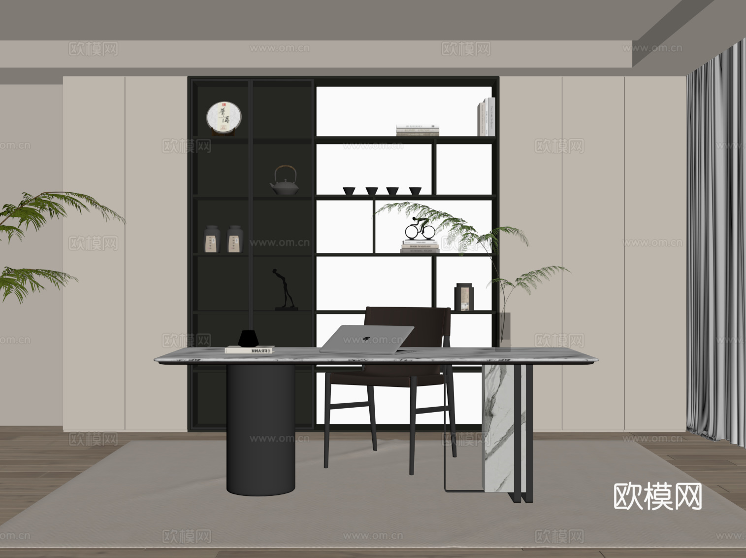 现代简约书房 书柜 书桌椅su模型