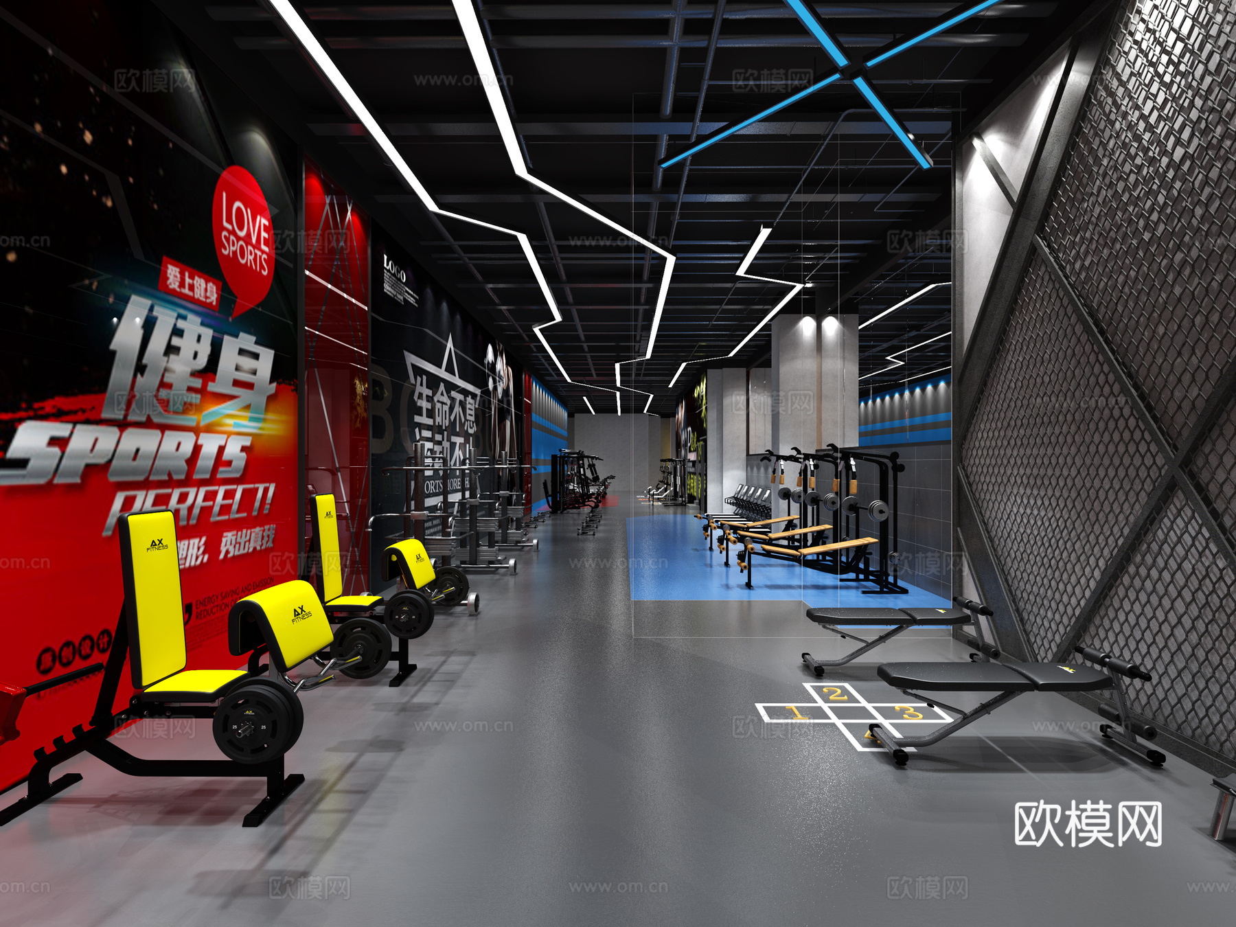 工业风健身房 空间有氧 无氧 泳池 前台休息区3d模型下载（渲染图2）