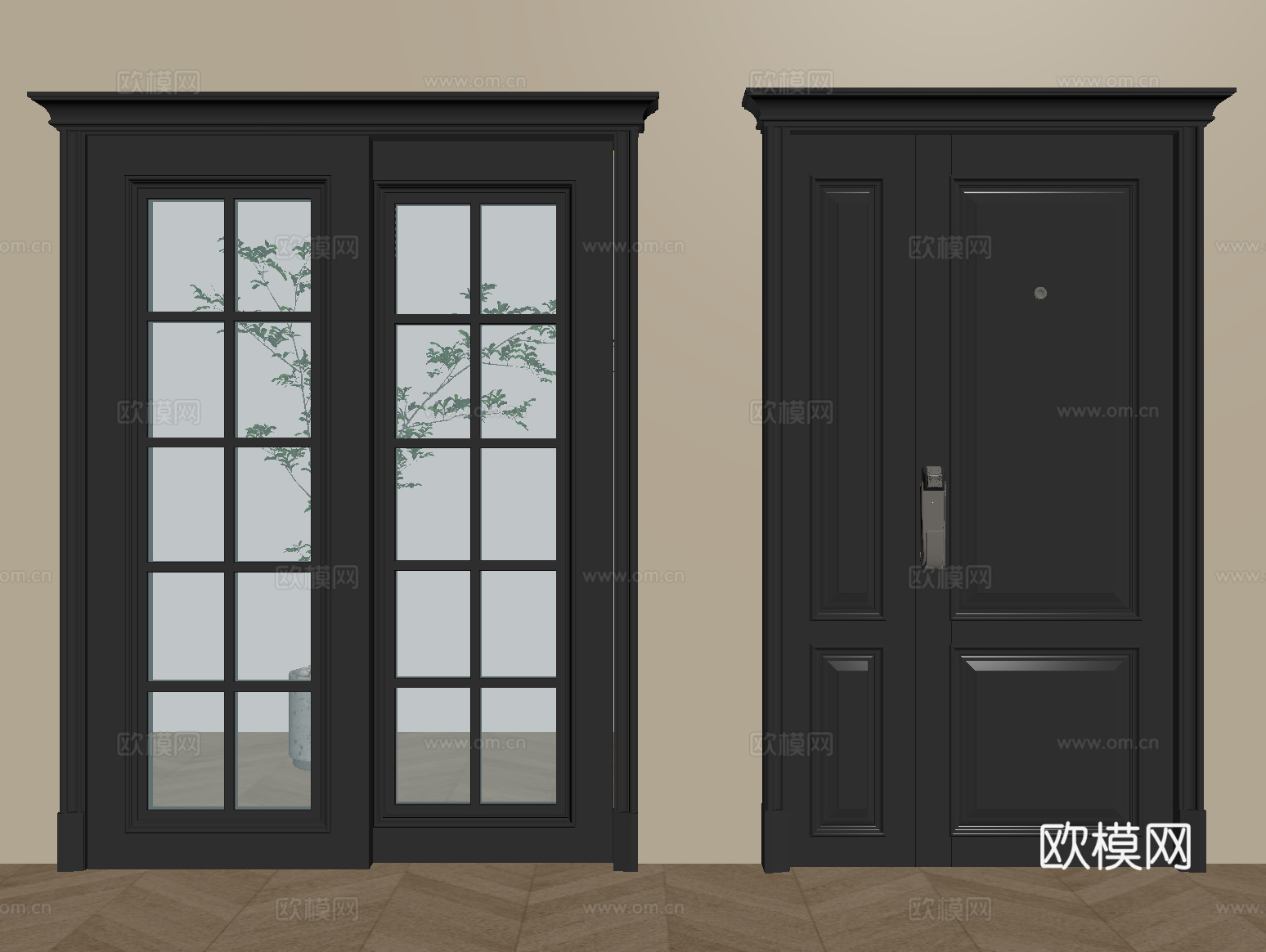 法式复古双开门 子母门 玻璃门 防盗门 平开门su模型