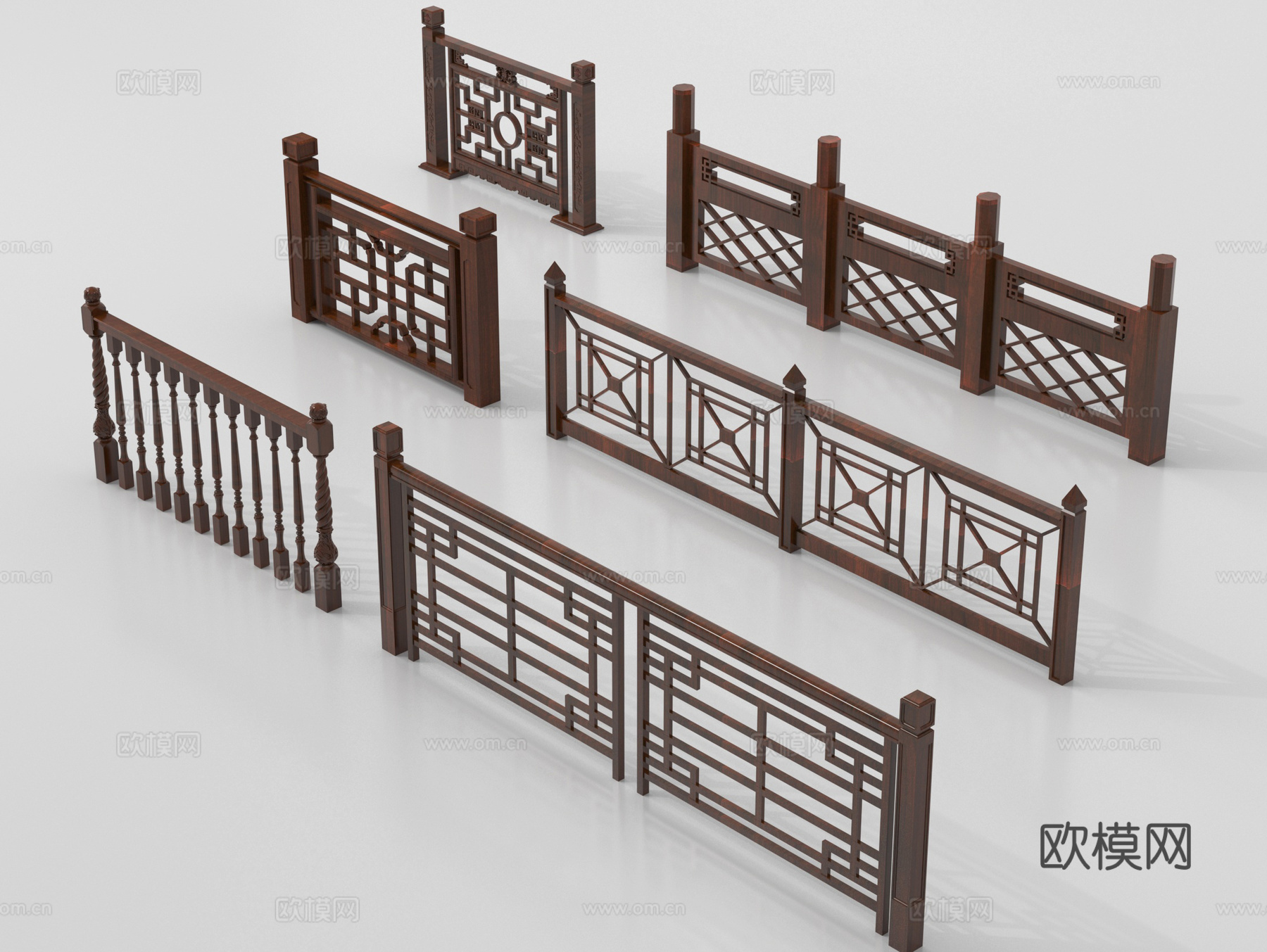 新中式栏杆护栏 栅栏围栏 实木围栏护栏su模型