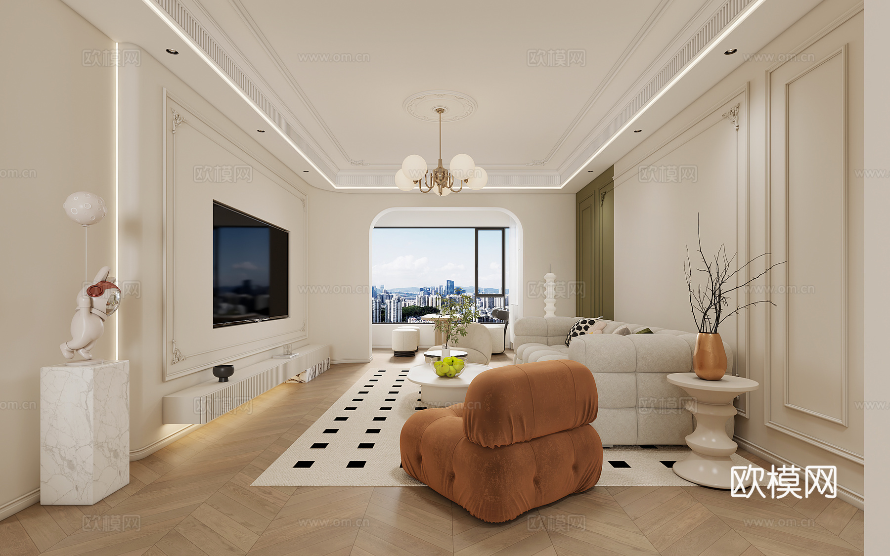 法式奶油客厅  法式客厅 奶油客厅 奶油沙发 法式吊灯3d模型下载（渲染图2）
