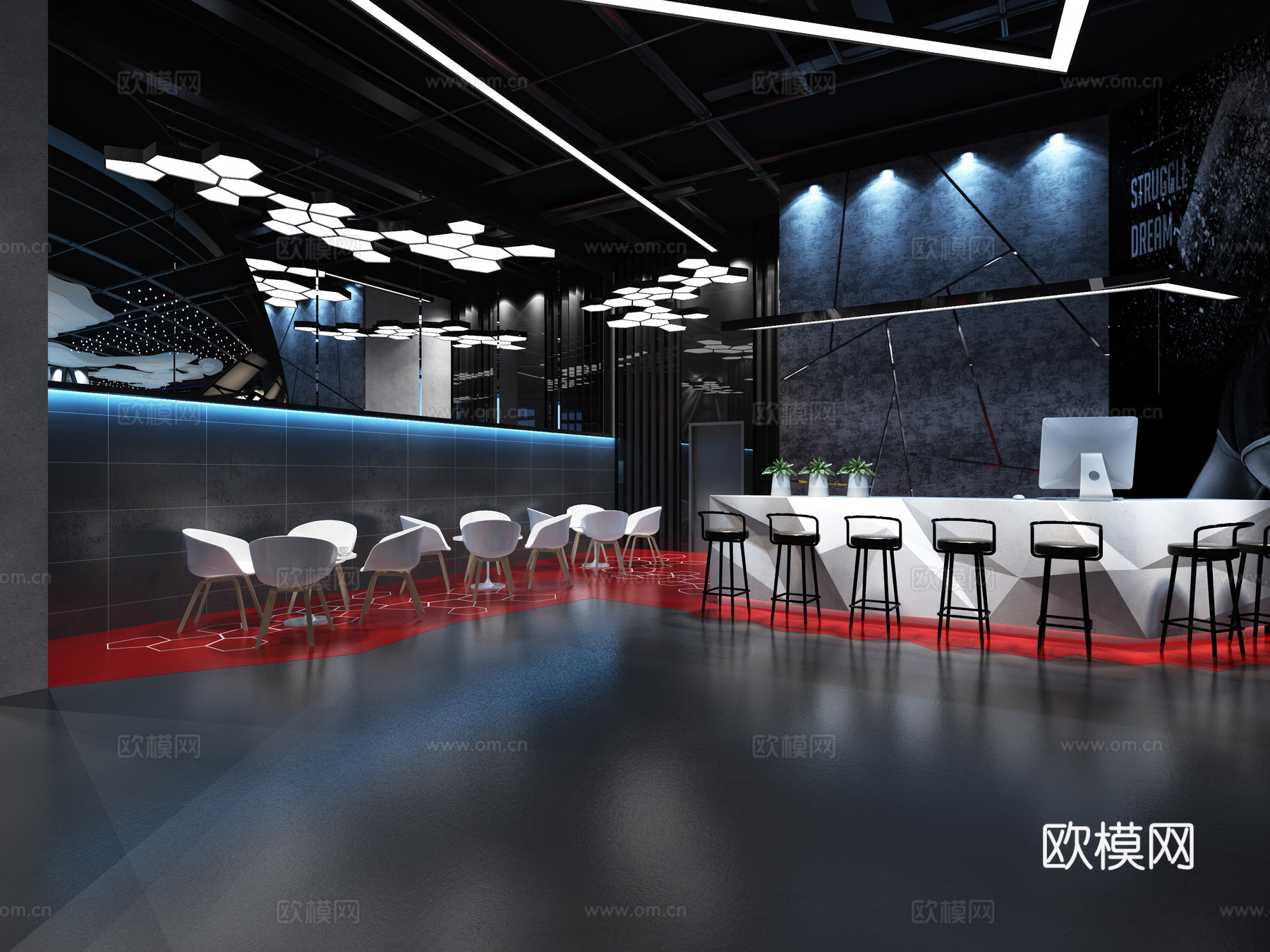 工业风健身房 空间有氧 无氧 泳池 前台休息区3d模型下载（渲染图1）