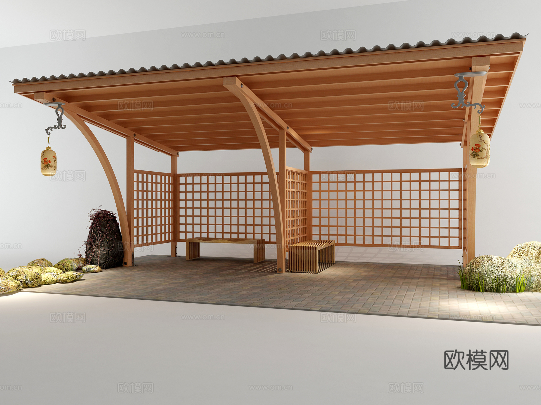 中式景观小建筑田园遮雨棚园林条凳休息亭子石头3d模型下载