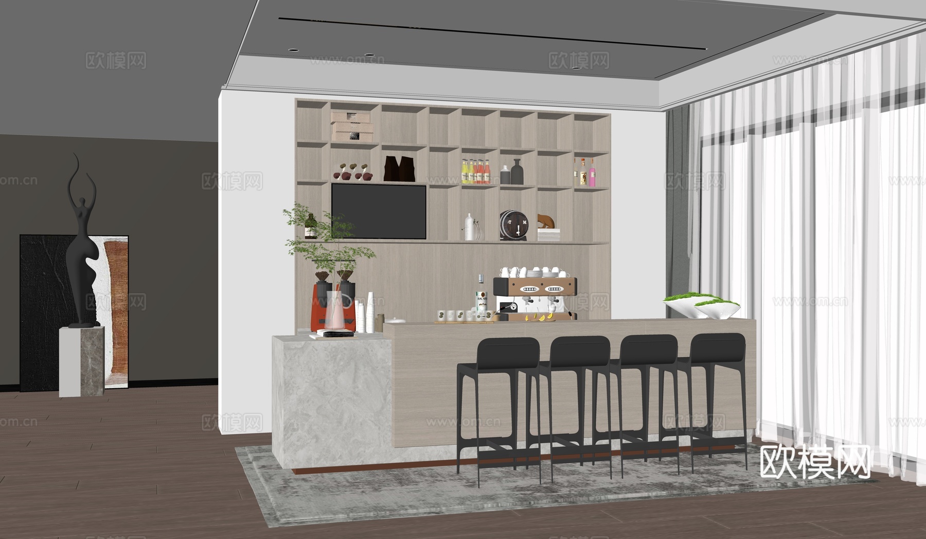 现代家居吧台 吧台椅 咖啡机家居餐厅吧台区su模型