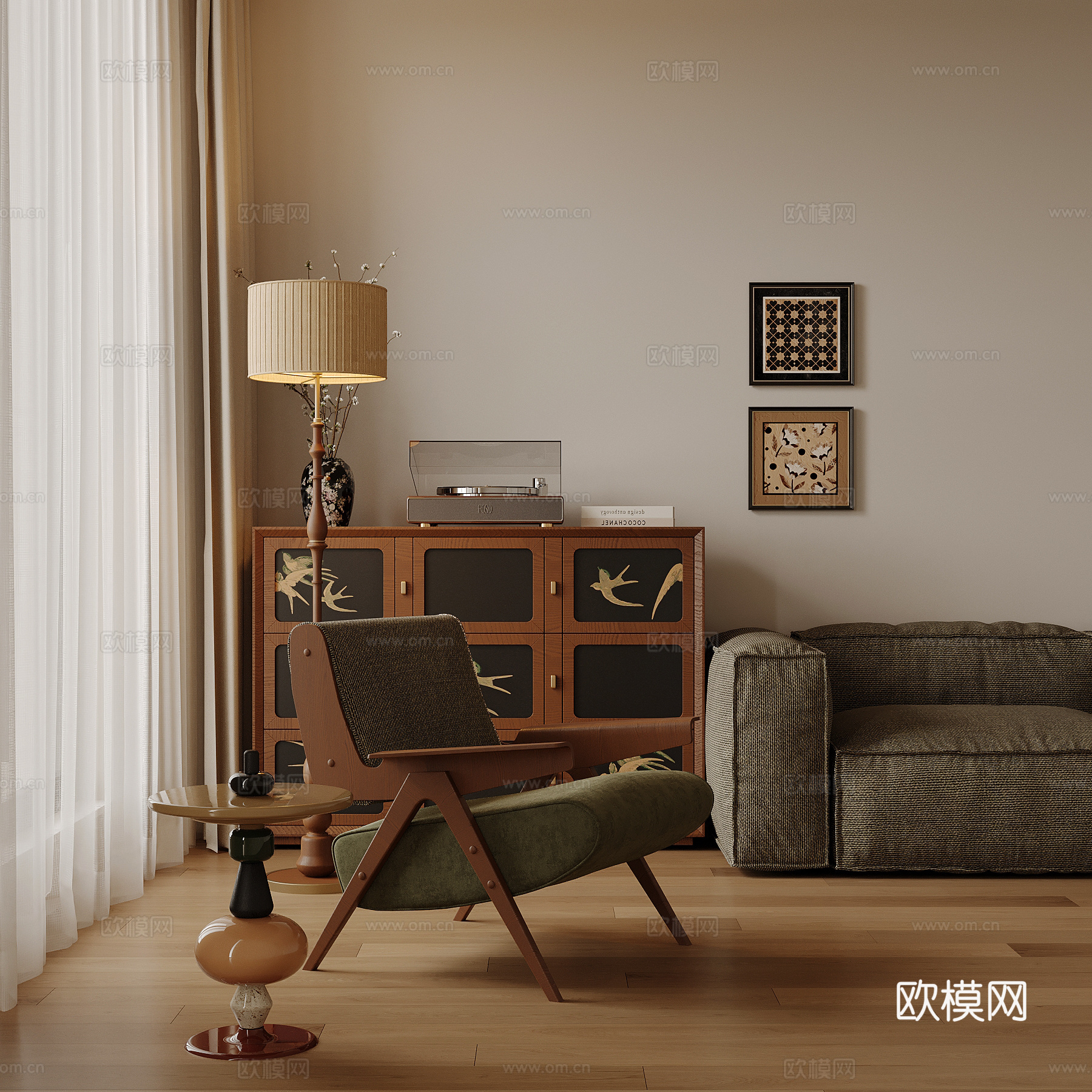 中古风边柜 斗柜 休闲椅 落地灯3d模型