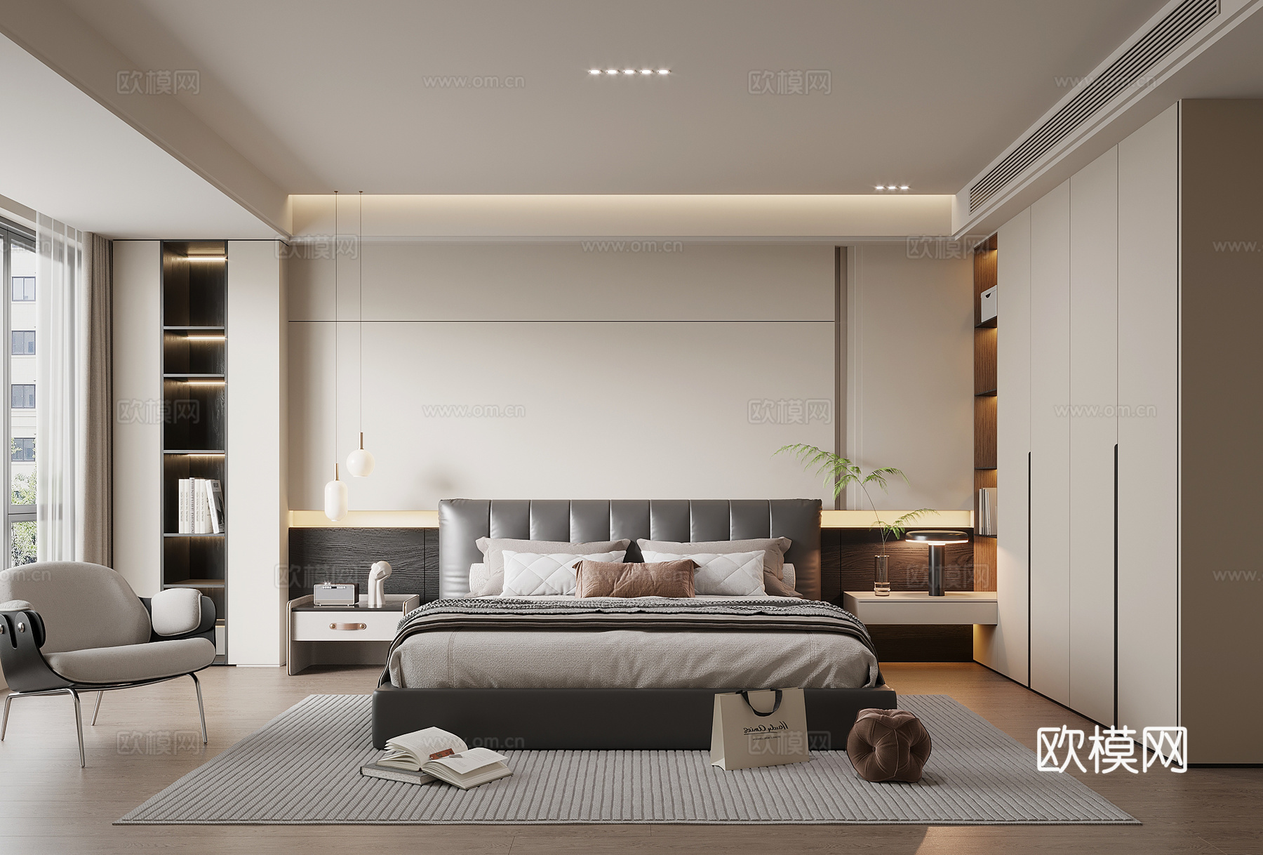 现代简约卧室 主卧 双人床 衣柜su模型