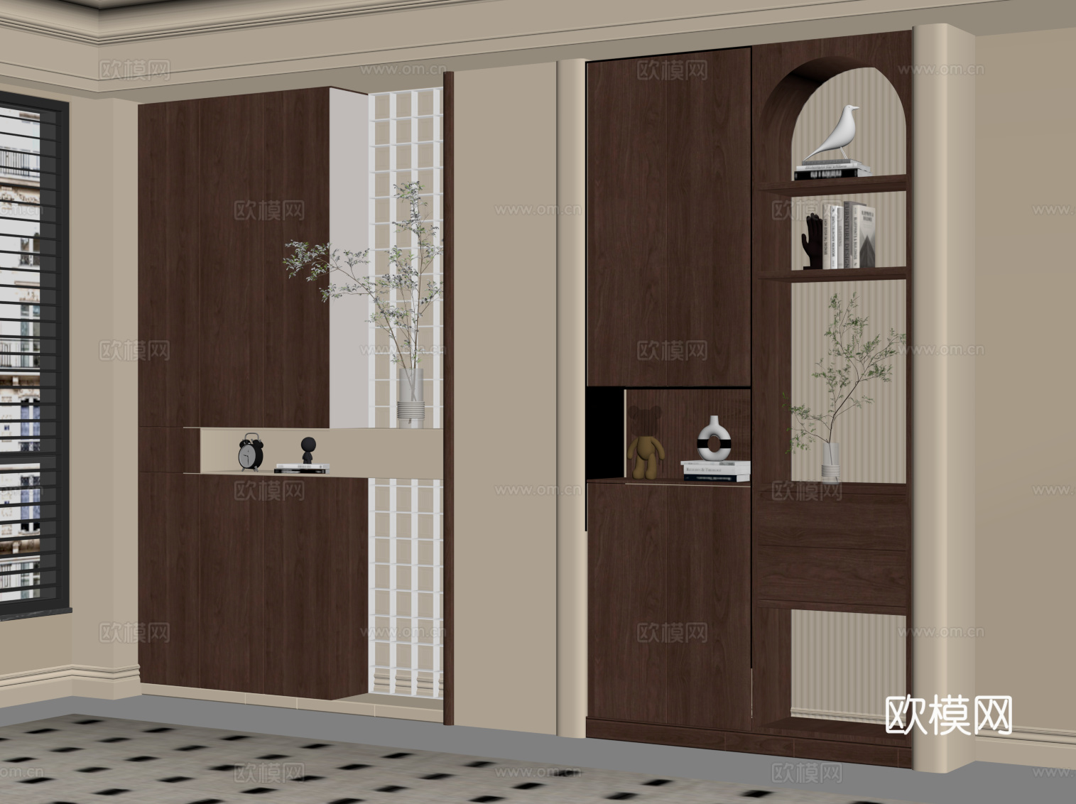 奶油中古风玄关鞋柜su模型