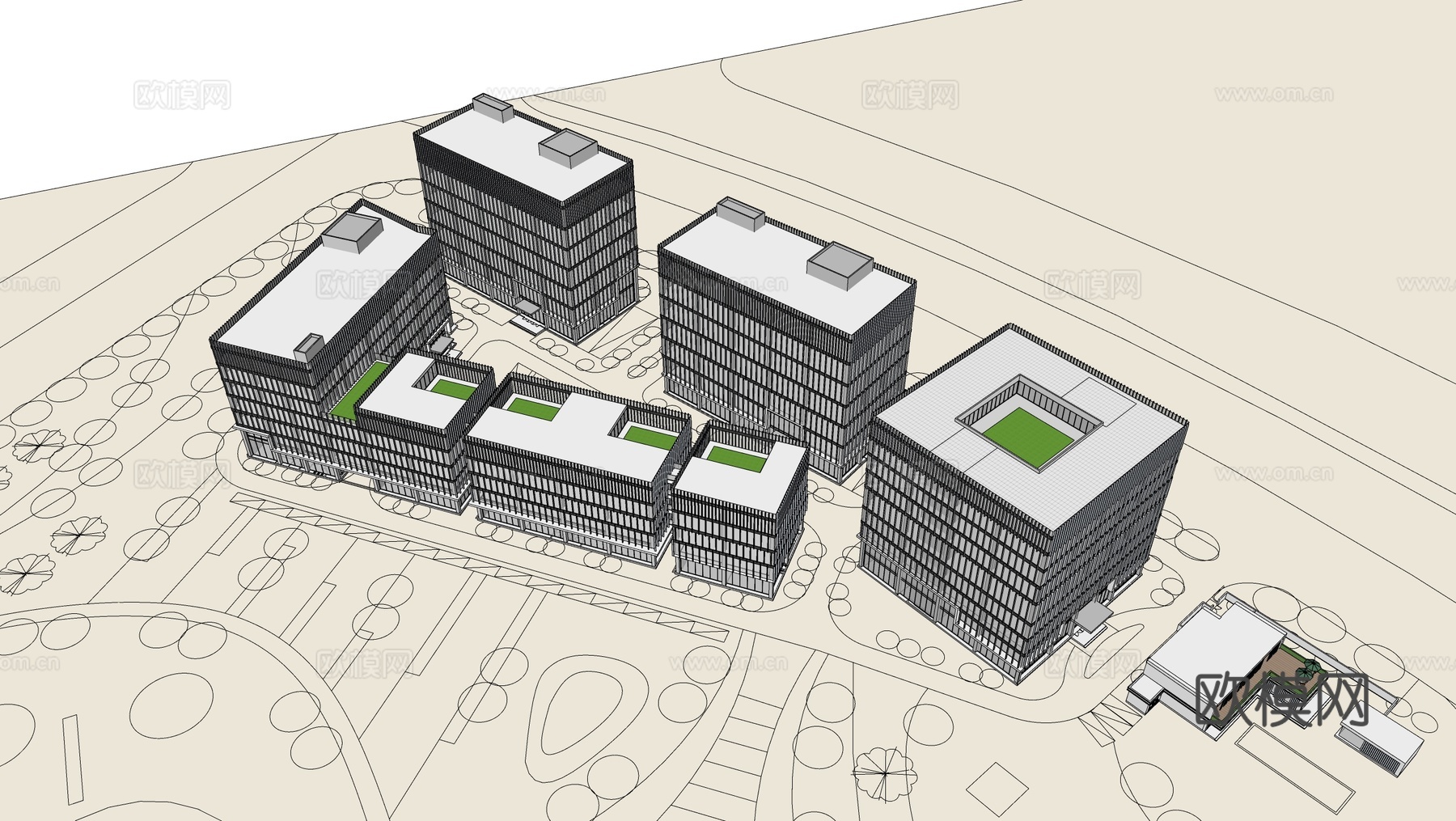 现代智能制造产业园 工业研发厂房 办公楼建筑su模型