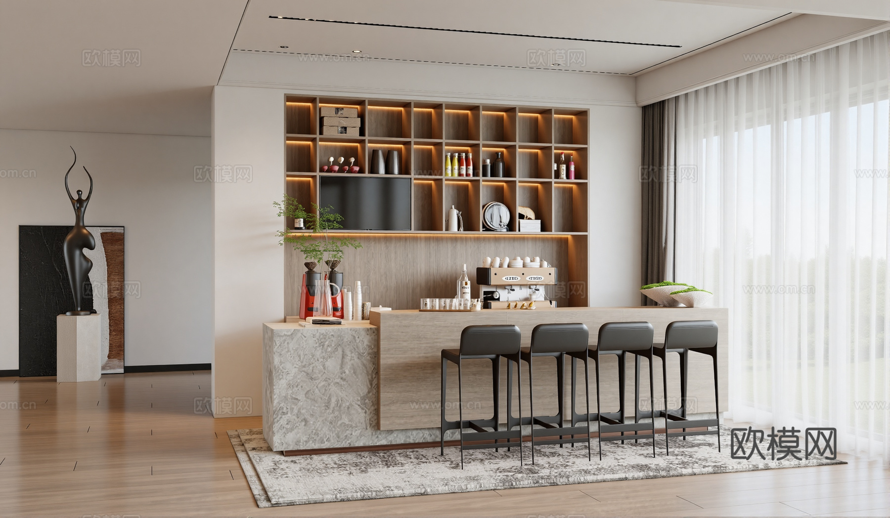 现代家居吧台 吧台椅 咖啡机家居餐厅吧台区su模型