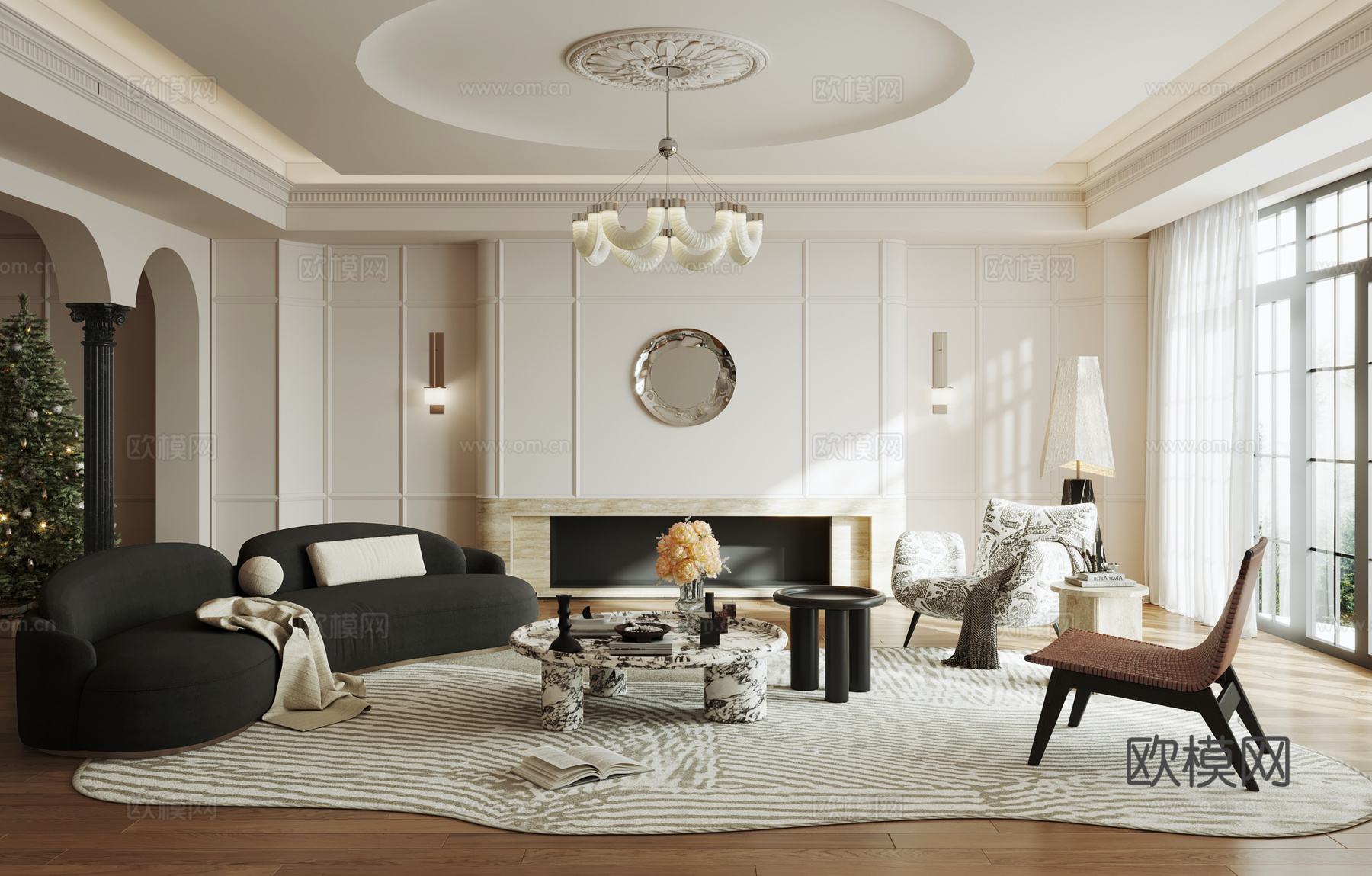 法式中古风客厅 法式奶油风客厅 横厅 大平层3d模型下载