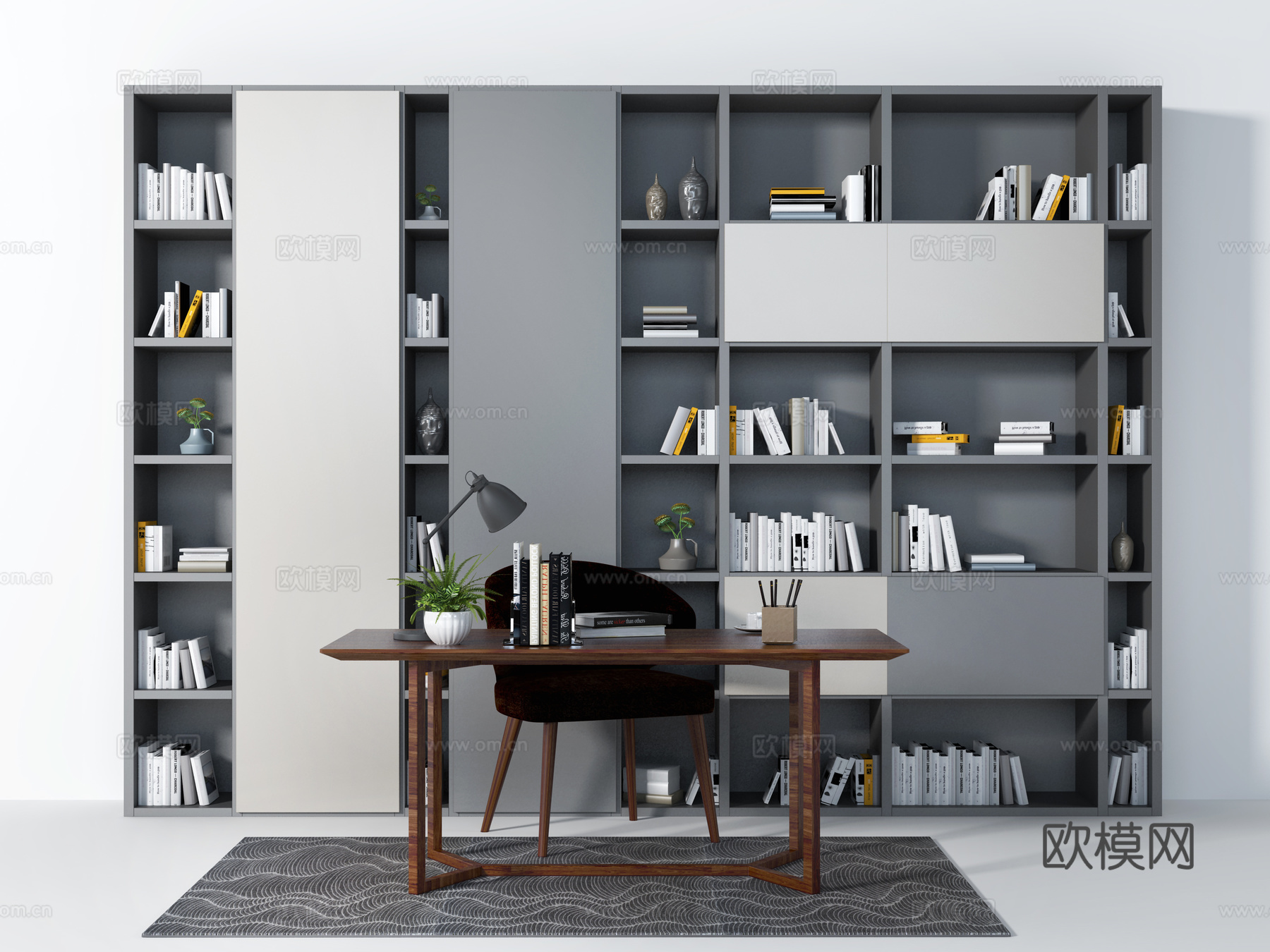现代书柜书桌椅书籍摆件组合3d模型下载