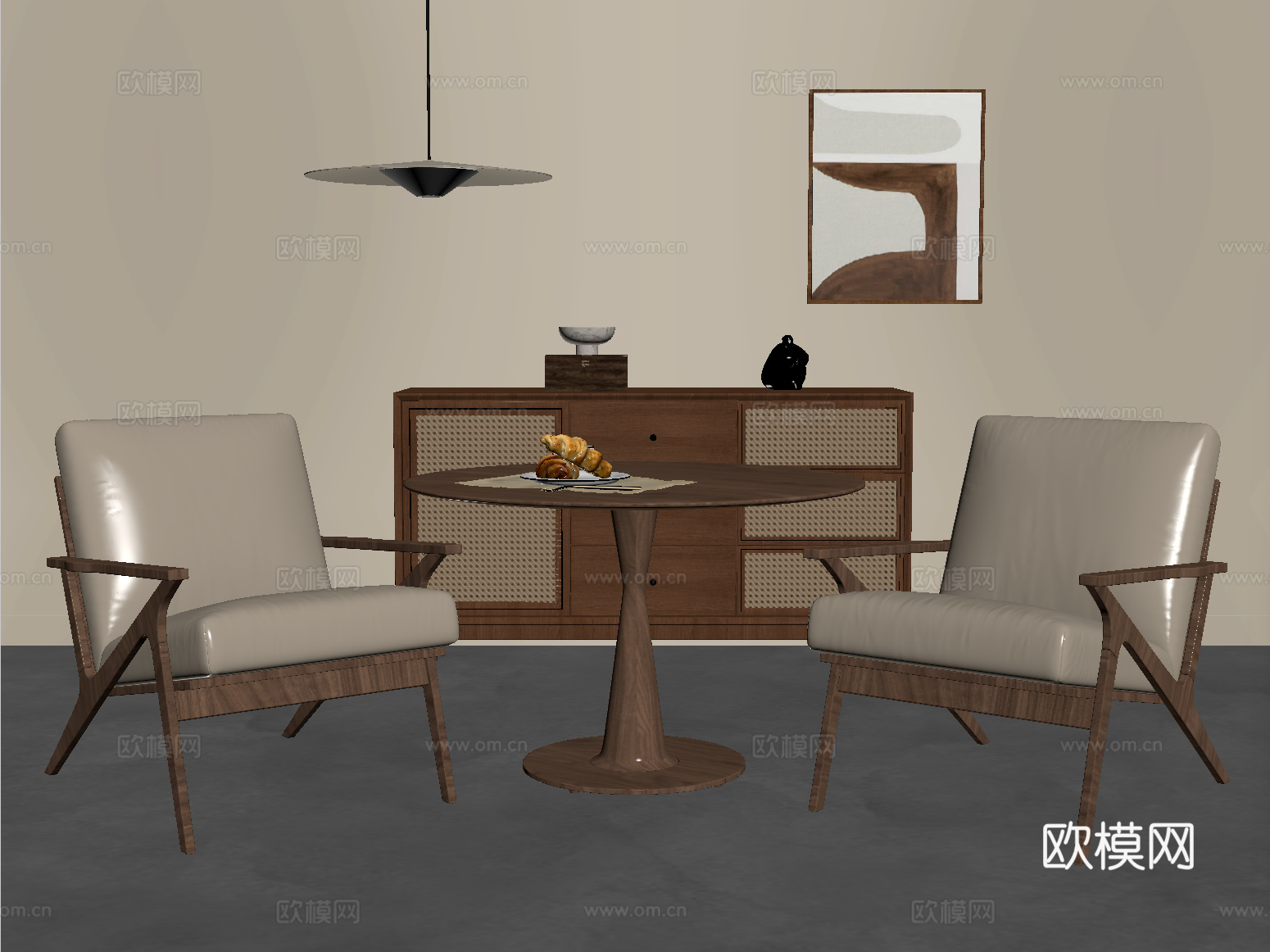 侘寂风休闲桌椅组合 吊灯 边柜 挂画su模型