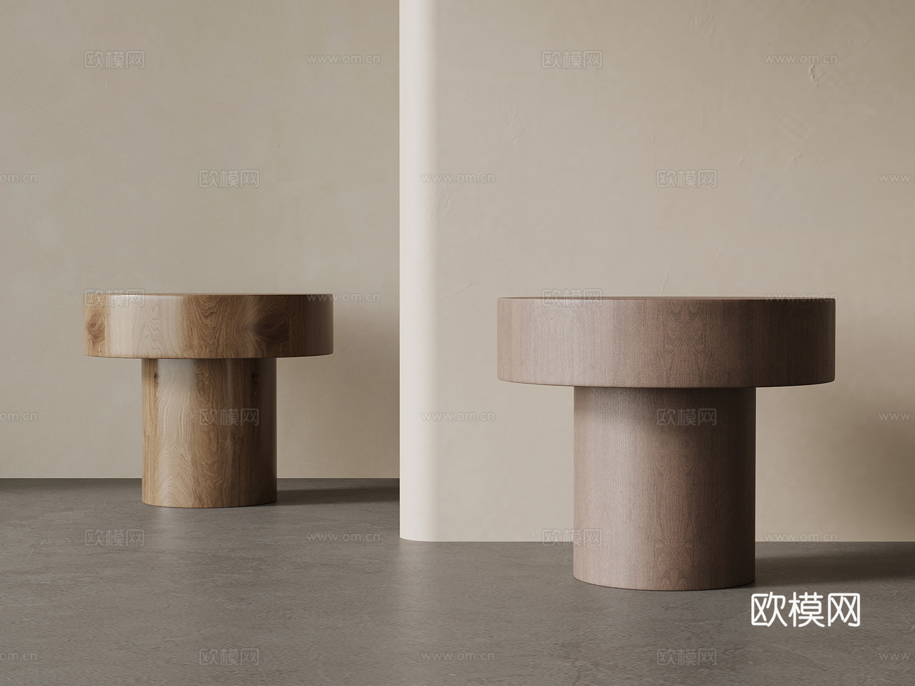 现代中古风沙发凳 实木圆凳su模型