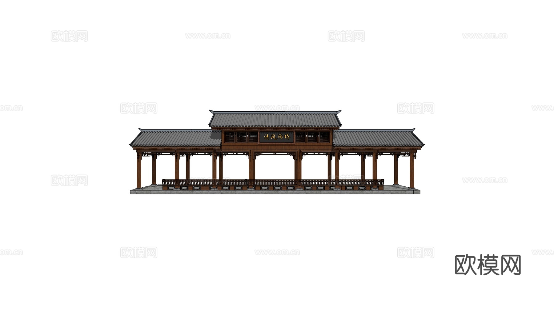 中式廊桥 木结构风雨连廊​ 园林古建长廊 清风廊桥建筑模型​su模型