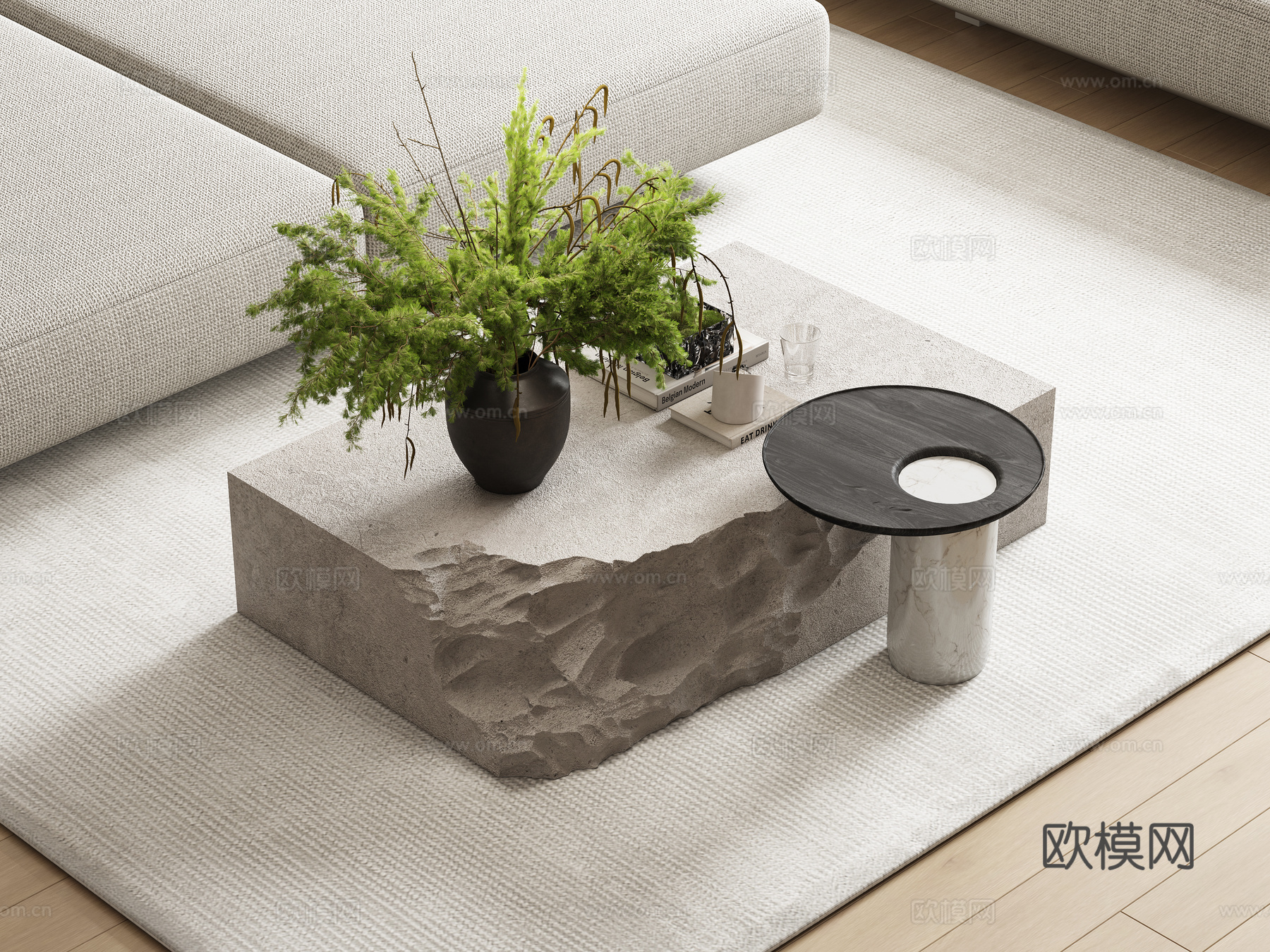 现代茶几 石材茶几 岩石茶几 茶几摆件 绿植摆件 侘寂风茶几su模型