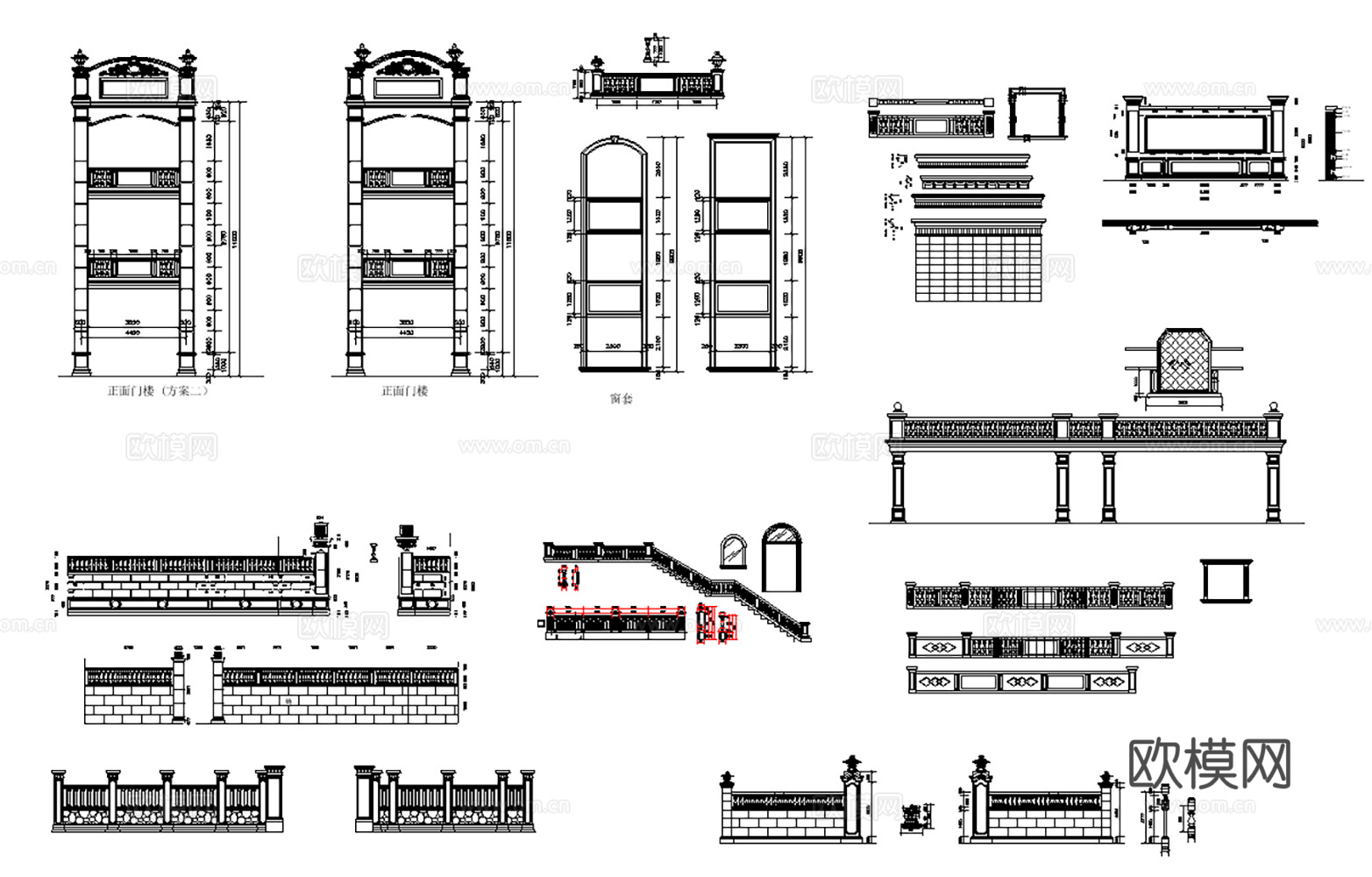 喷泉、栏杆、围墙、大理石门头景观构件CAD图库30套cad施工图