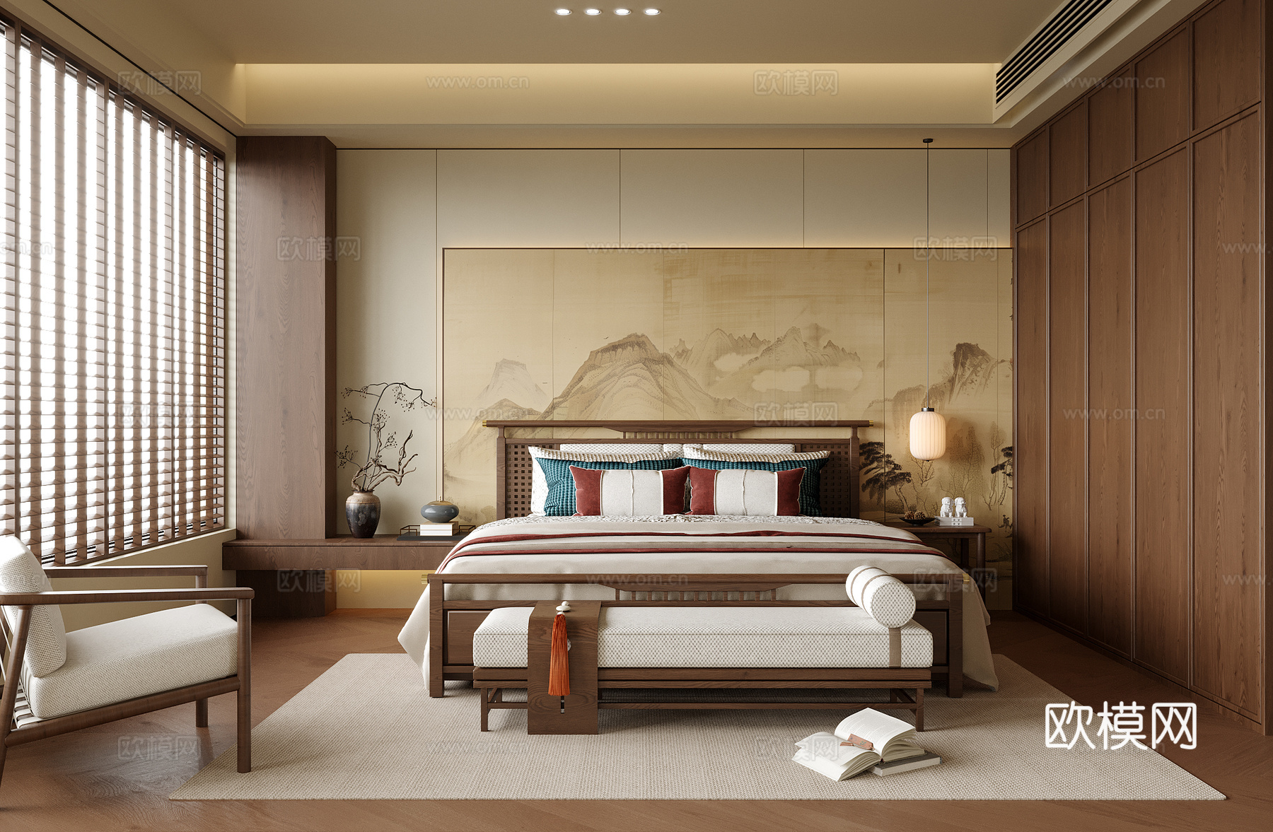 新中式卧室 双人床 床尾凳su模型