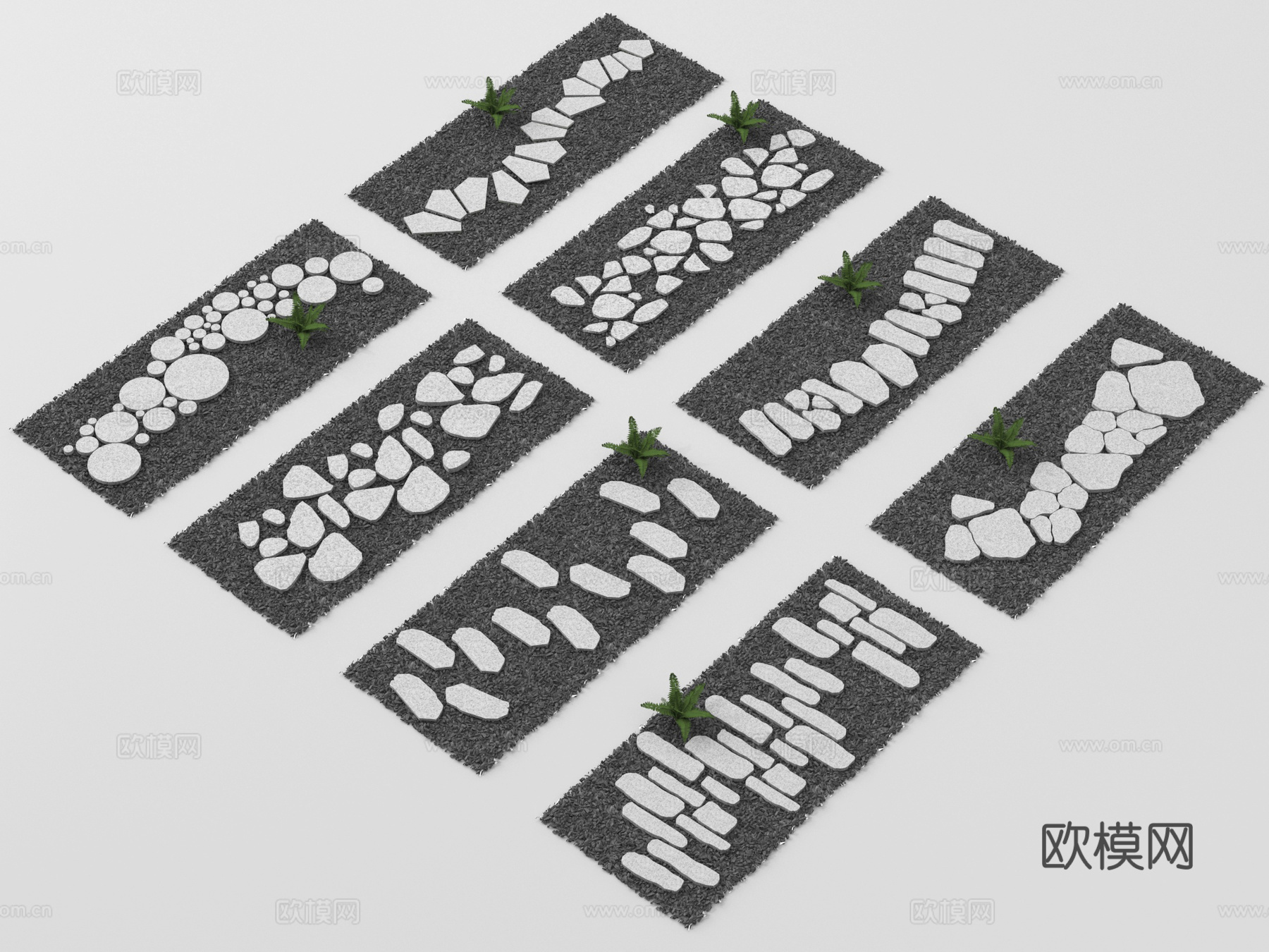 新中式汀步 青石板 园路铺装 碎石步道 地面铺装su模型