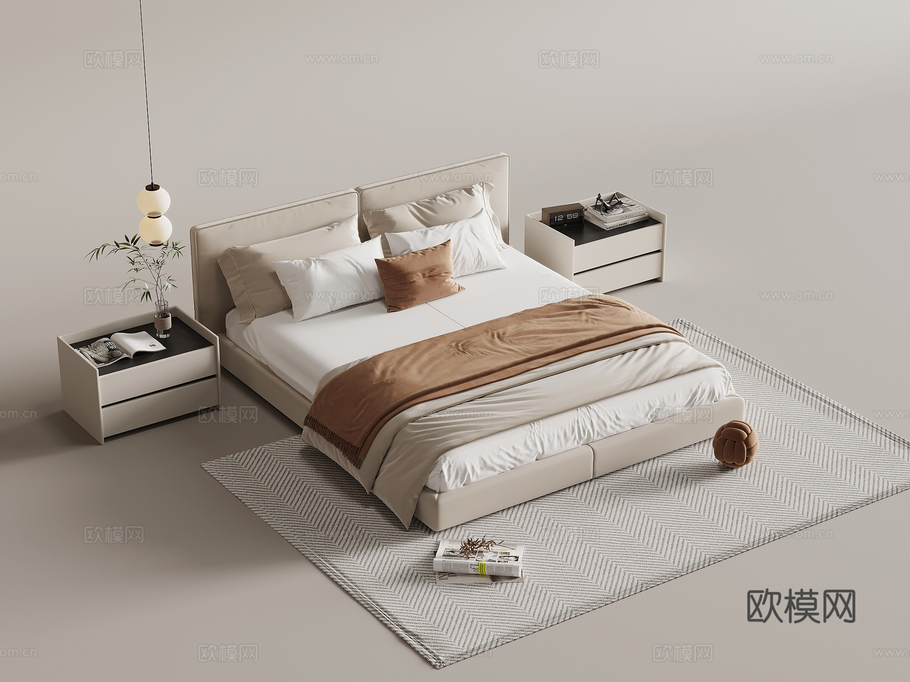 现代奶油风双人床 床头柜 吊灯su模型