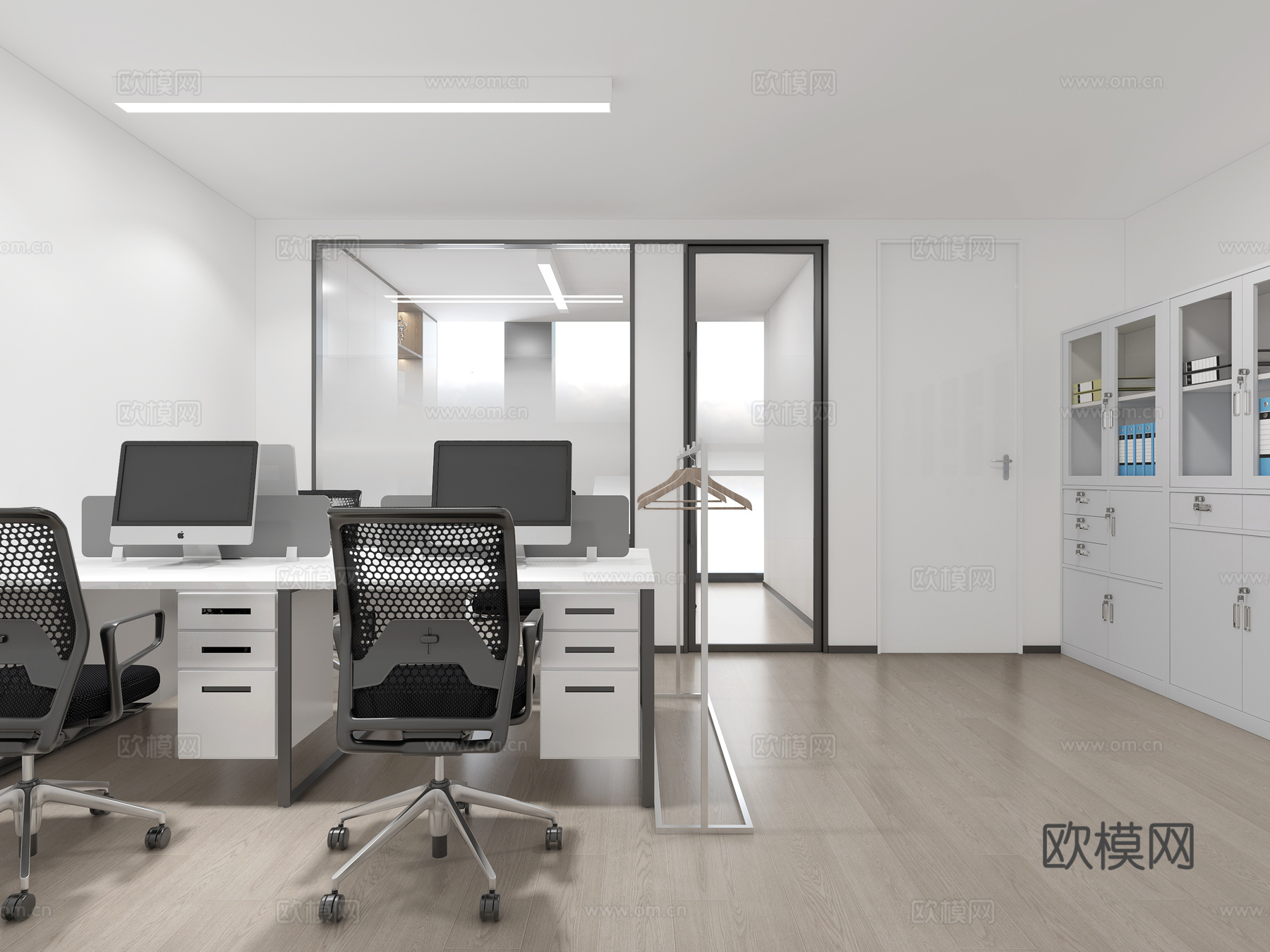 现代公共办公室 办公桌椅 办公柜 烤漆玻璃写字板3d模型