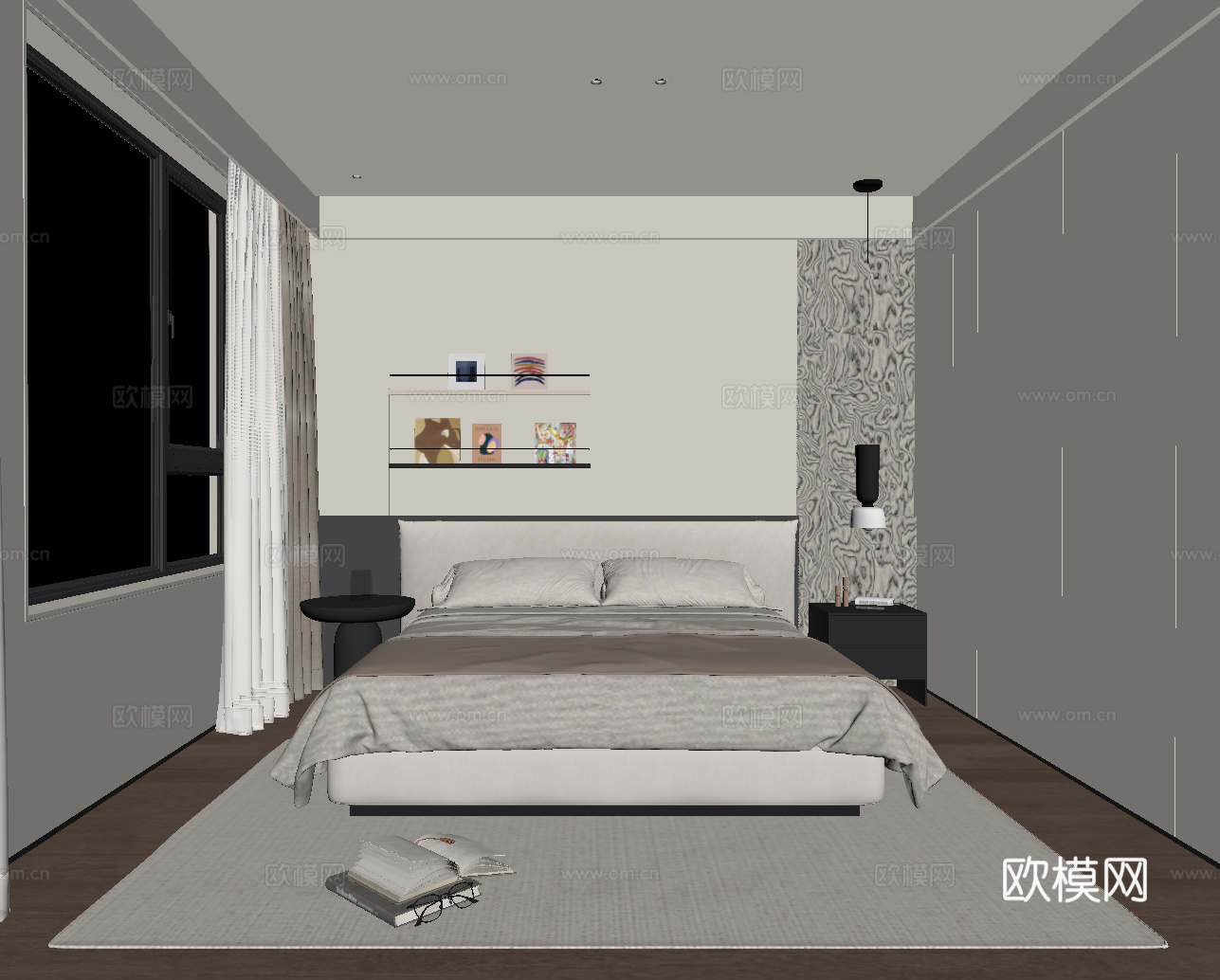 现代极简卧室 双人床su模型