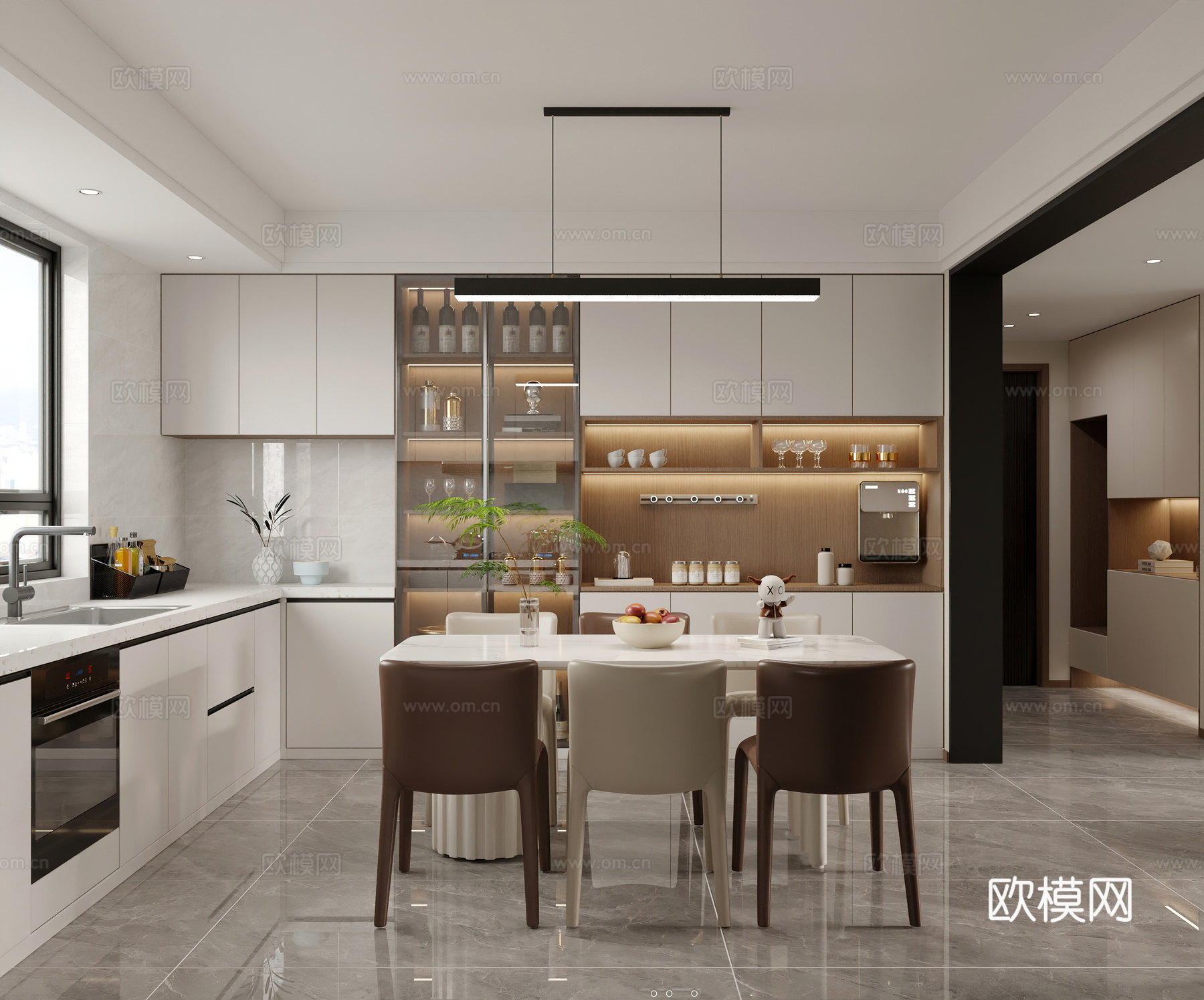 现代客餐厅 开放厨房 酒柜3d模型
