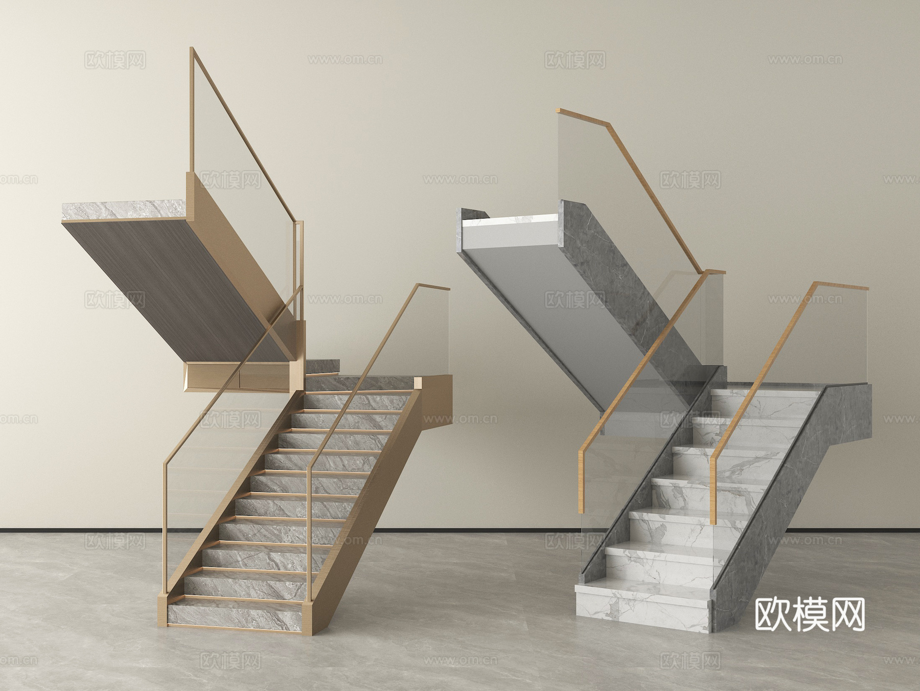 现代扶手玻璃楼梯 玻璃转角楼梯护栏 台阶梯级su模型