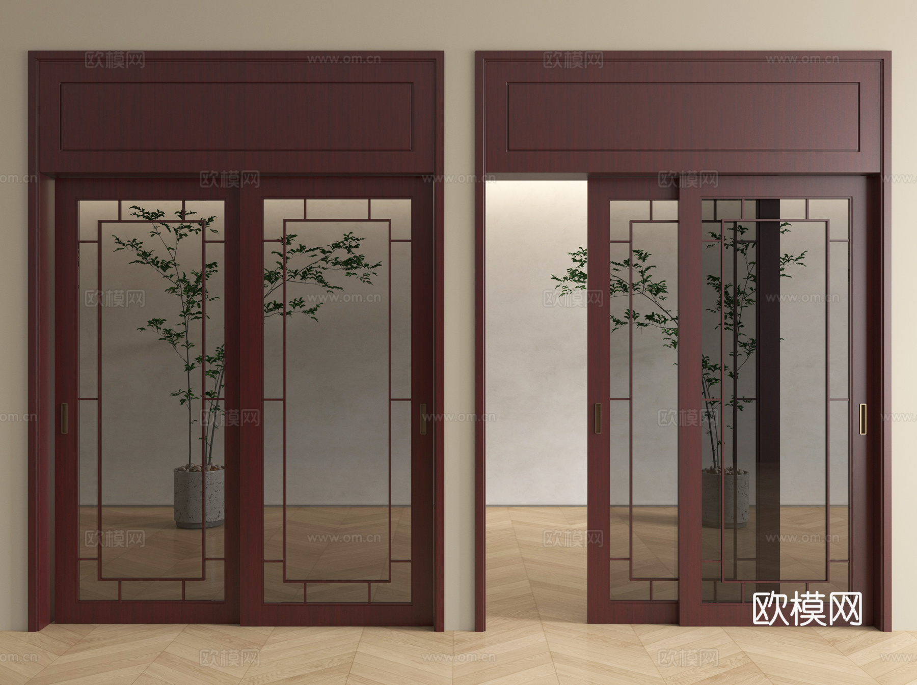 中式推拉门  玻璃推拉门 阳台推拉门su模型