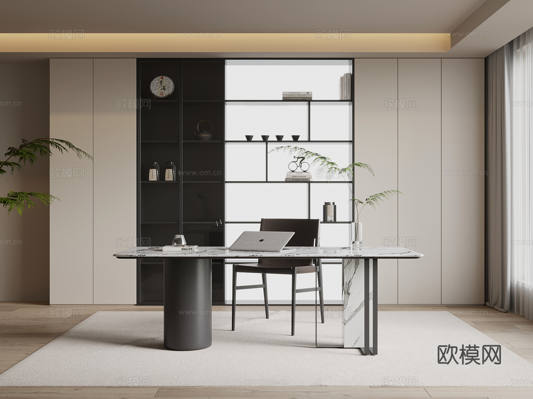现代简约书房 书柜 书桌椅su模型