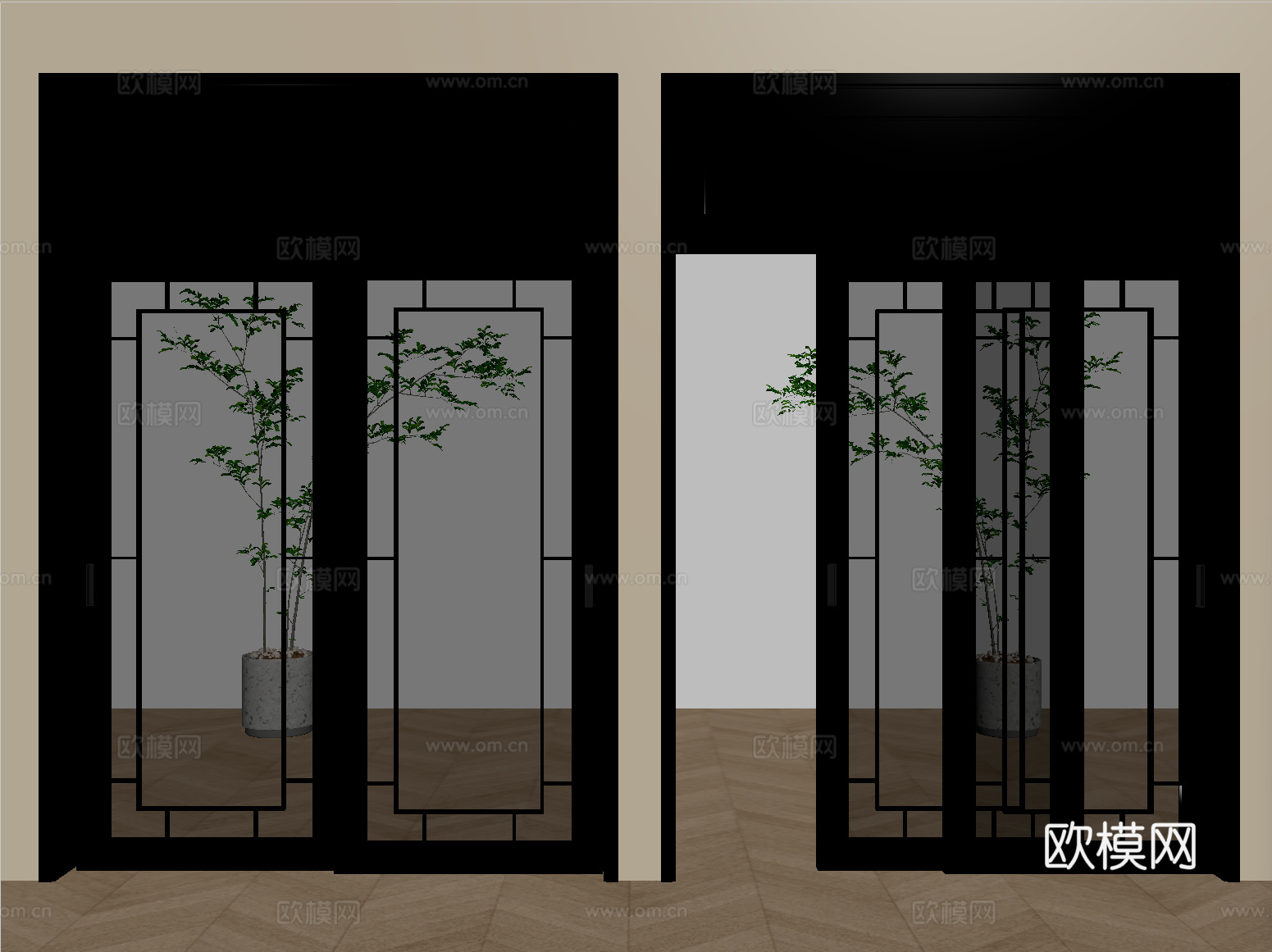 中式推拉门  玻璃推拉门 阳台推拉门su模型