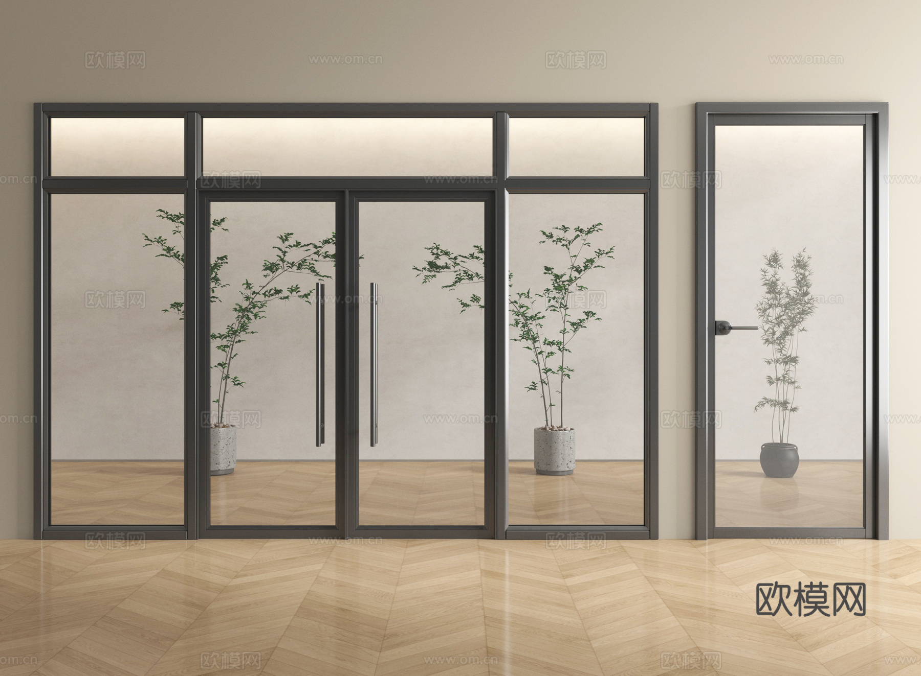 现代双开玻璃门 单开玻璃门 办公室玻璃门su模型