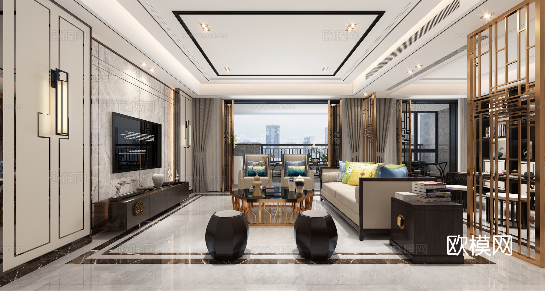 新中式大平层客厅书房茶室 书柜装饰柜3d模型