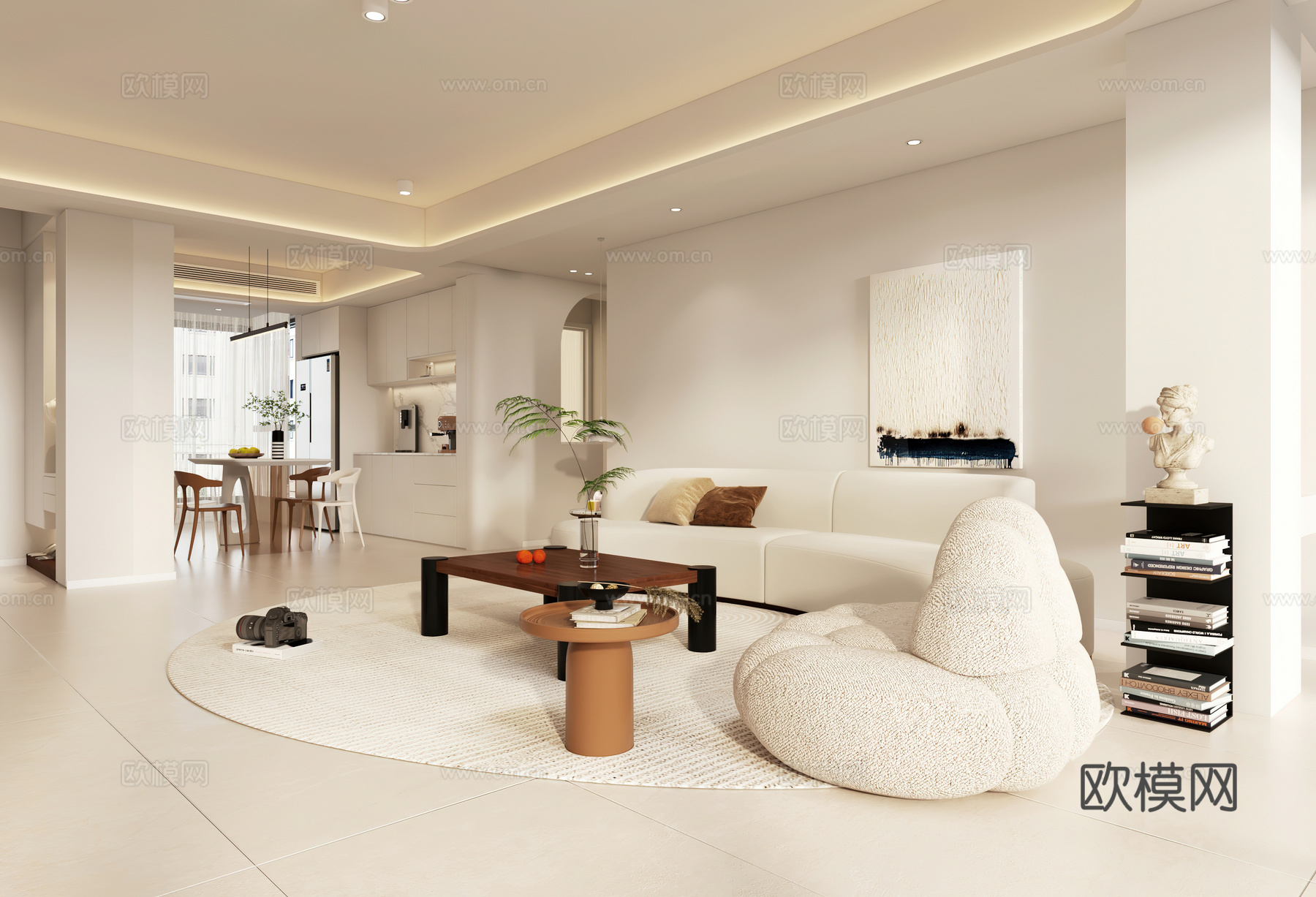 奶油风客餐厅 开放厨房3d模型