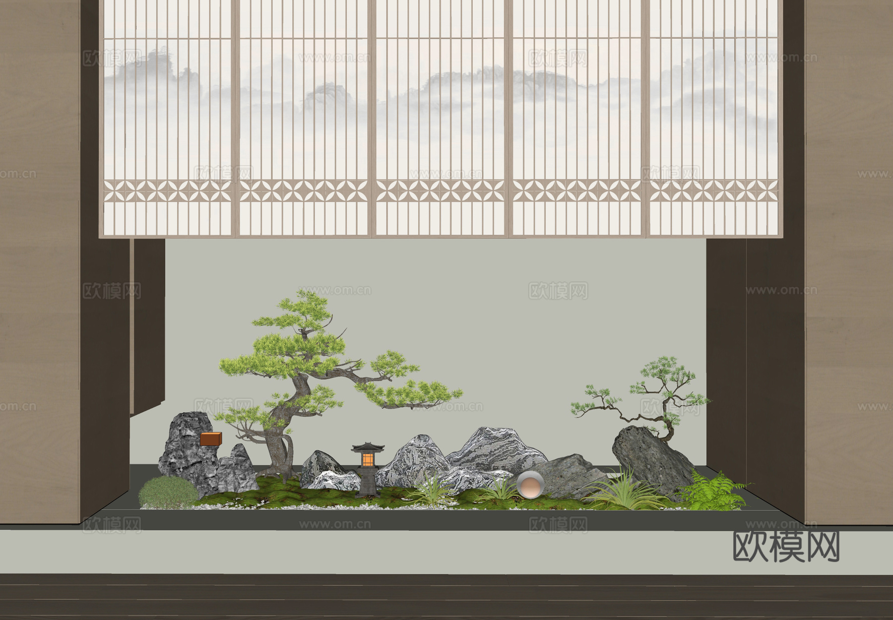新中式禅意室内景观 植物景观 绿植景观 景观造景 天井景观su模型