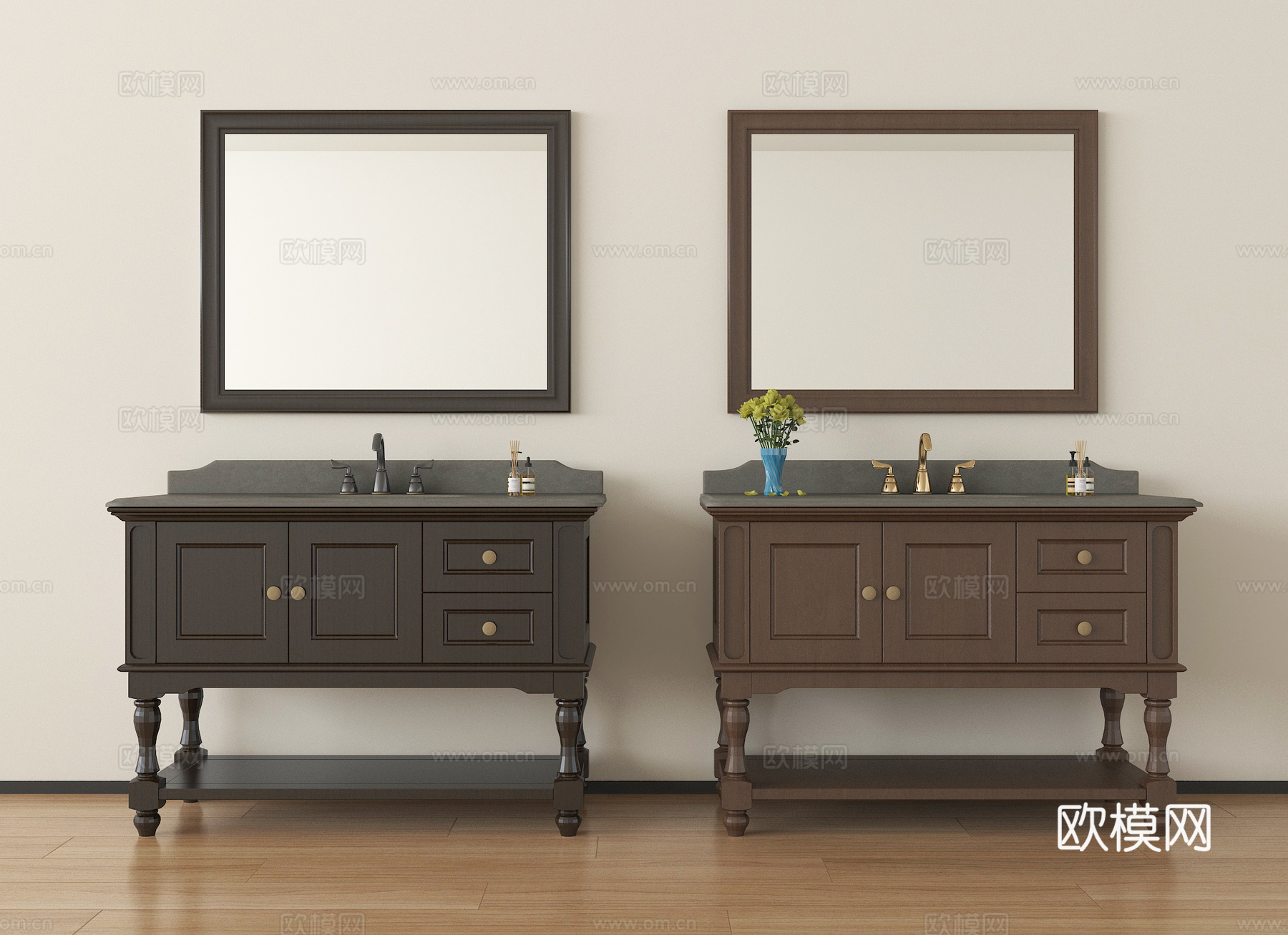 法式中古落地浴室柜 卫浴柜 镜子 壁灯su模型