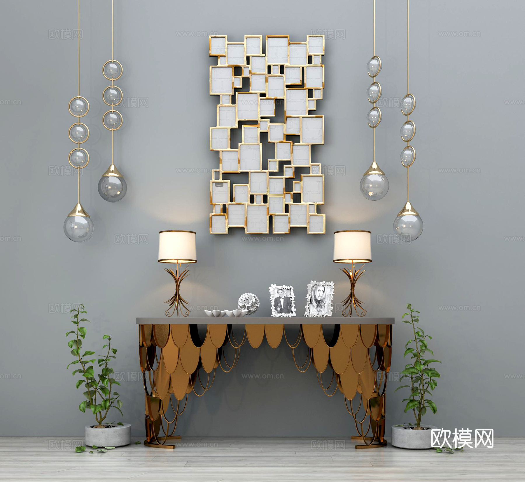 现代欧式金属玄关柜边柜墙饰吊灯台灯盆栽摆件组合 现代金属3d模型下载