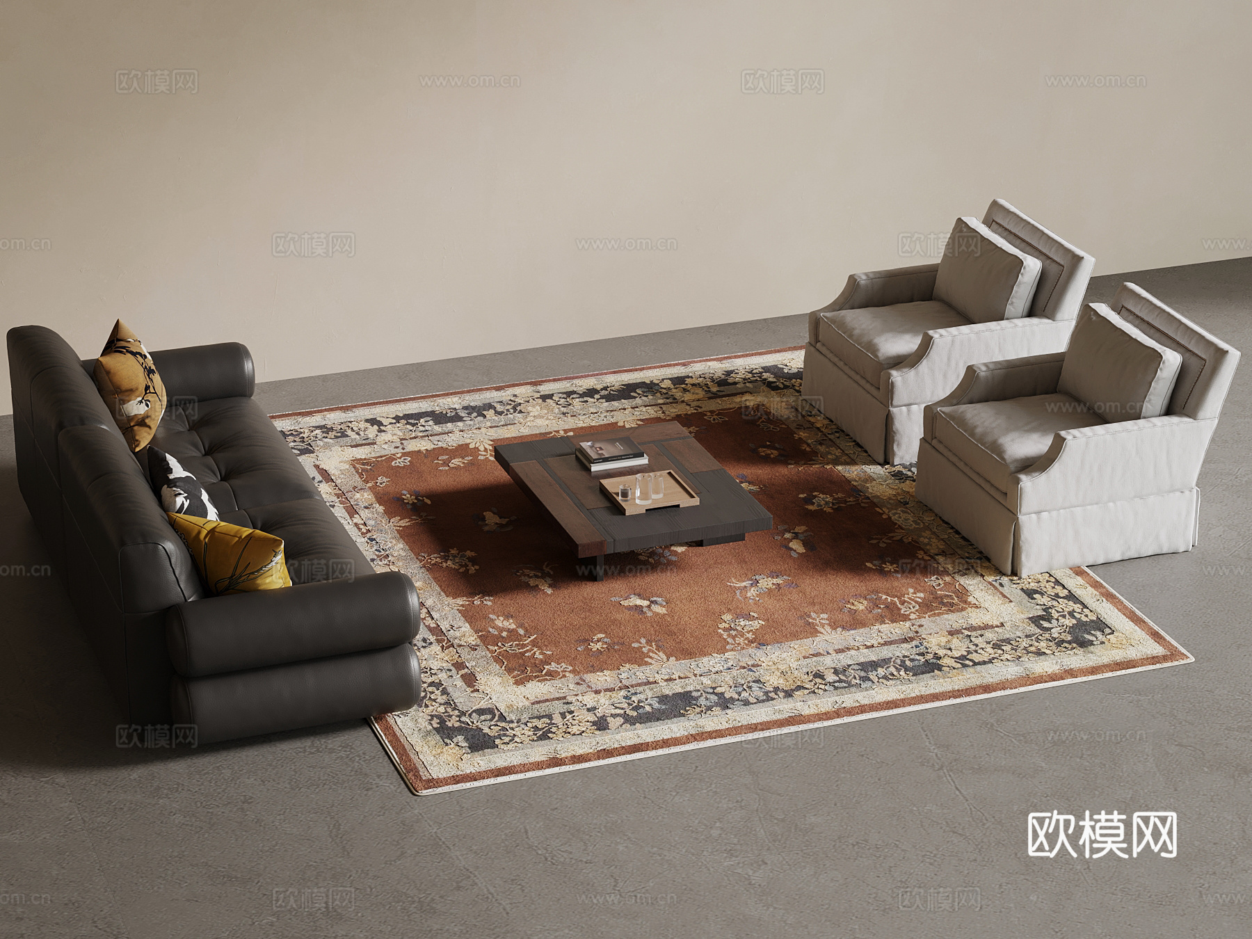 现代中古风沙发茶几组合su模型