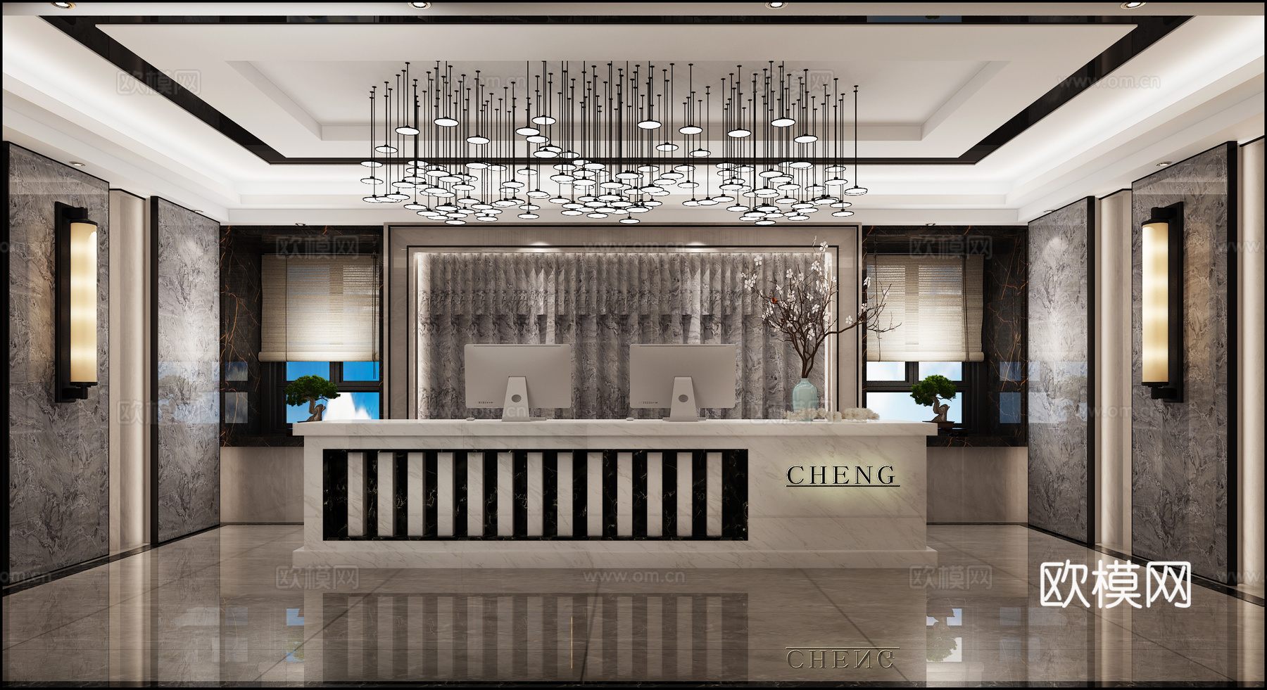 新中式高端入户大厅接待台 吊灯 壁灯 飘窗窗帘3d模型下载