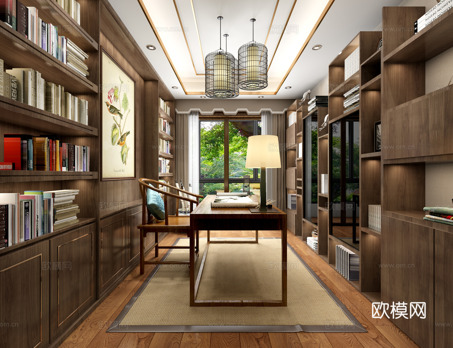 新中式书房 书桌3d模型下载
