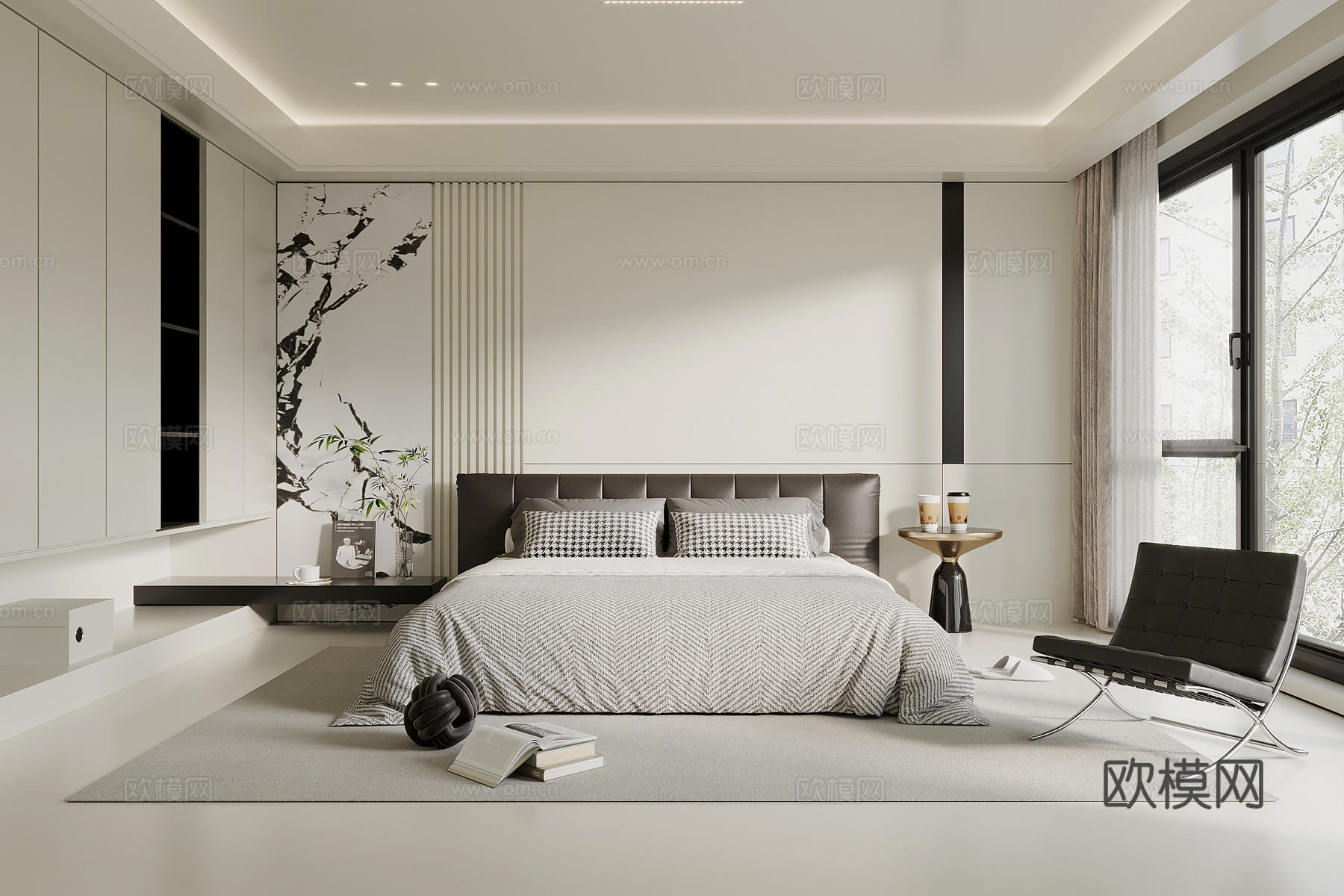 现代极简卧室 主卧 双人床 衣柜su模型
