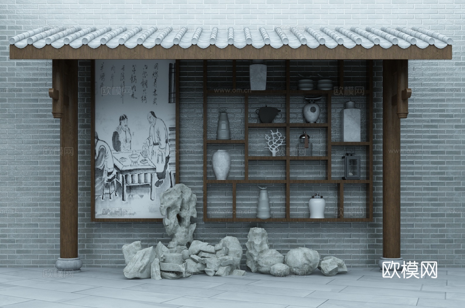 新中式壁柜石头饰品徽派建筑马头墙背景组合3d模型