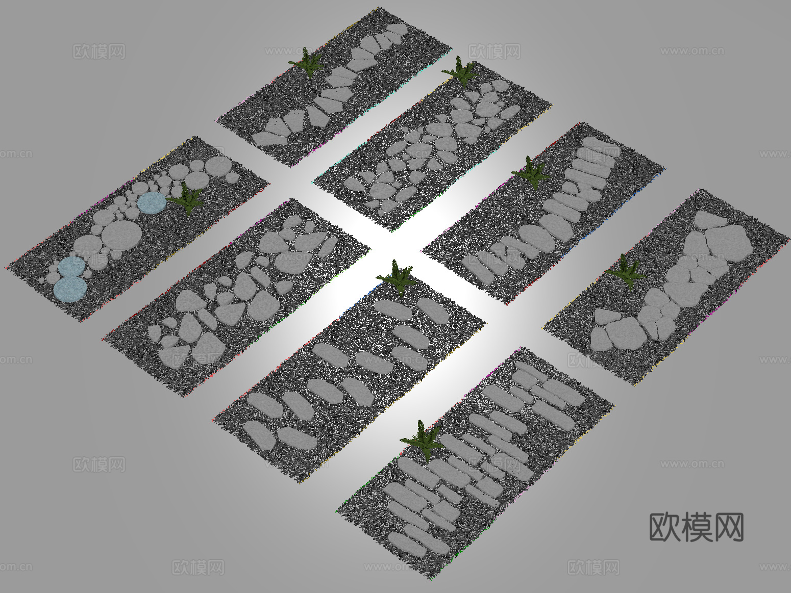 新中式汀步 青石板 园路铺装 碎石步道 地面铺装su模型