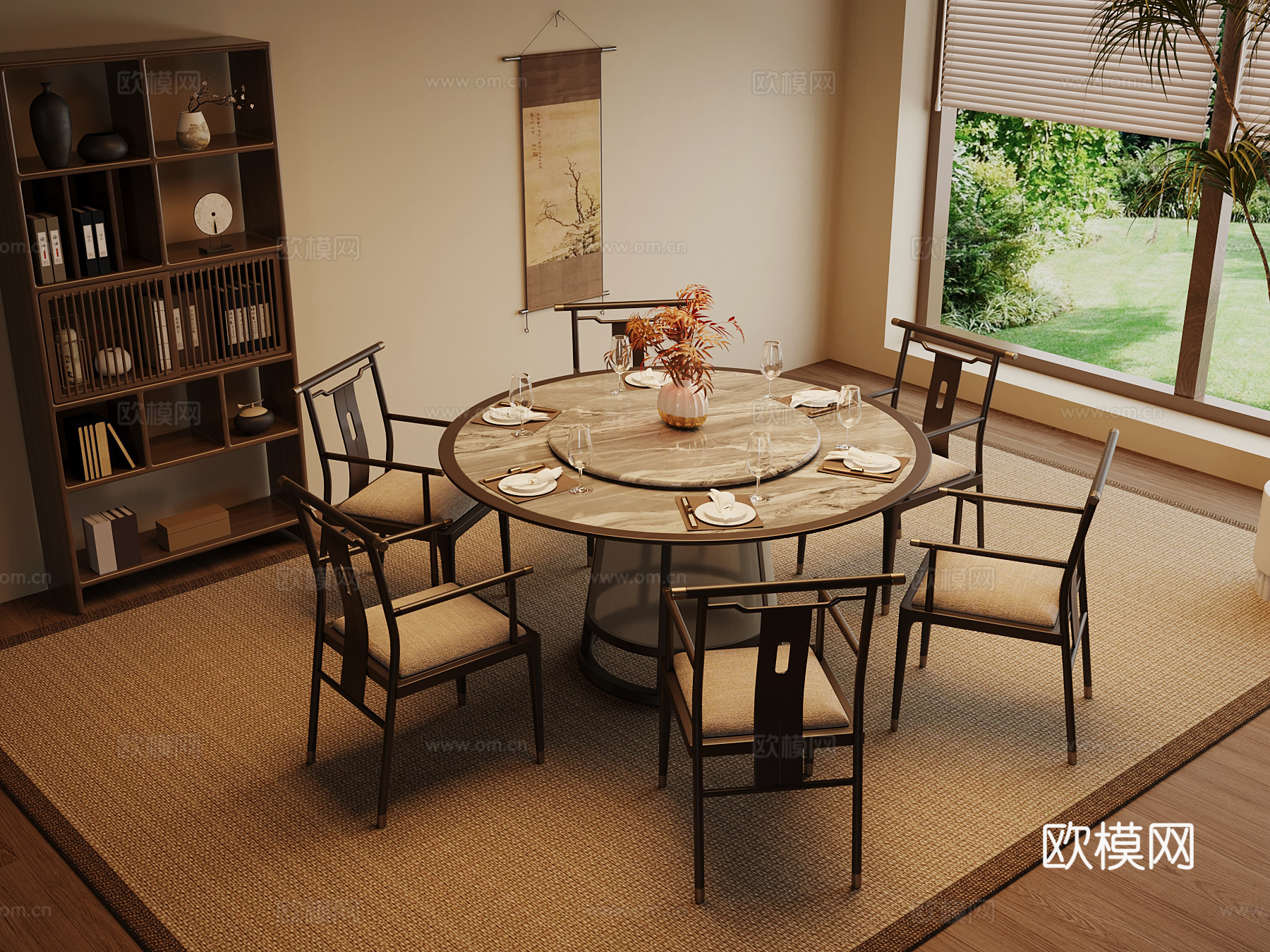 新中式餐桌椅 圆桌su模型