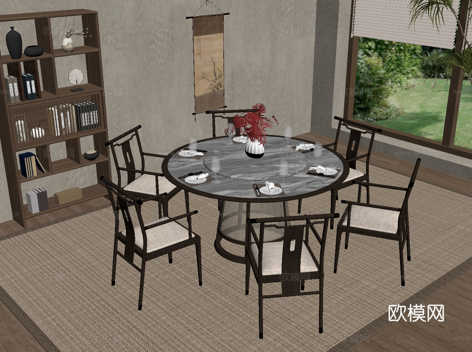 新中式餐桌椅 圆桌su模型
