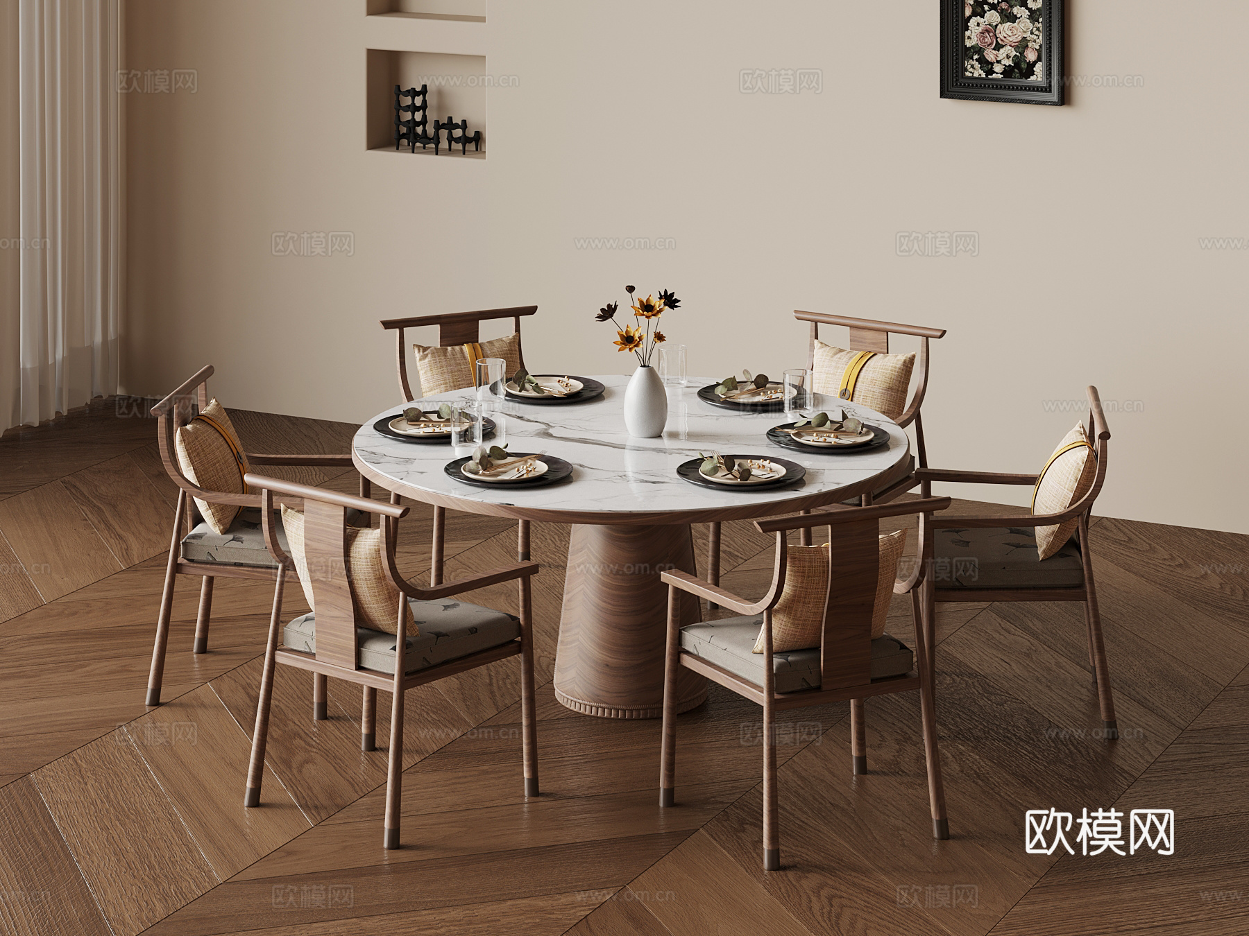 中古风圆桌椅su模型