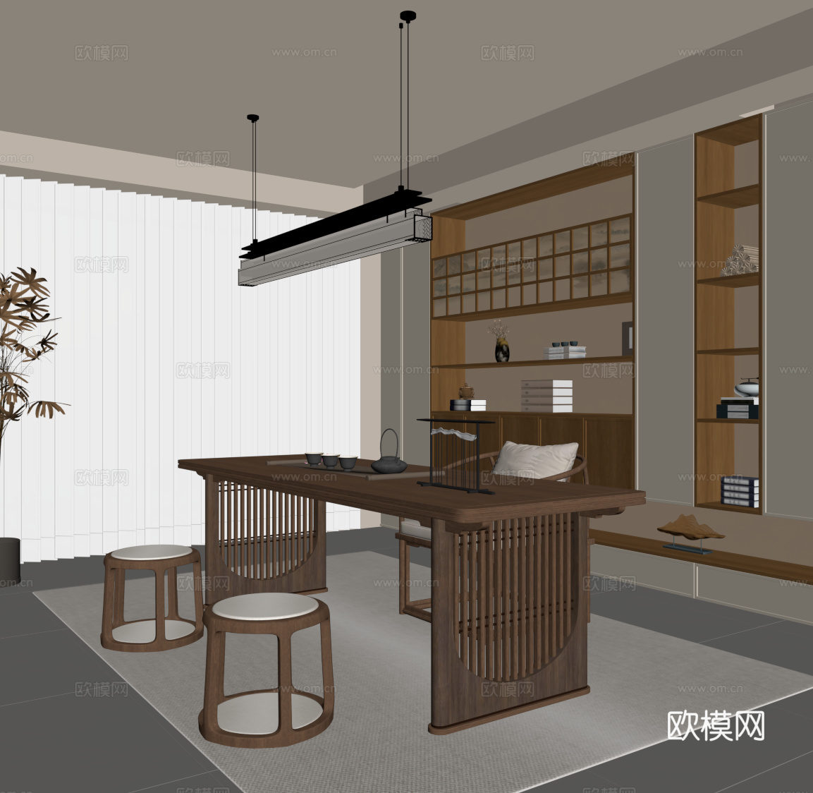 新中式书房su模型
